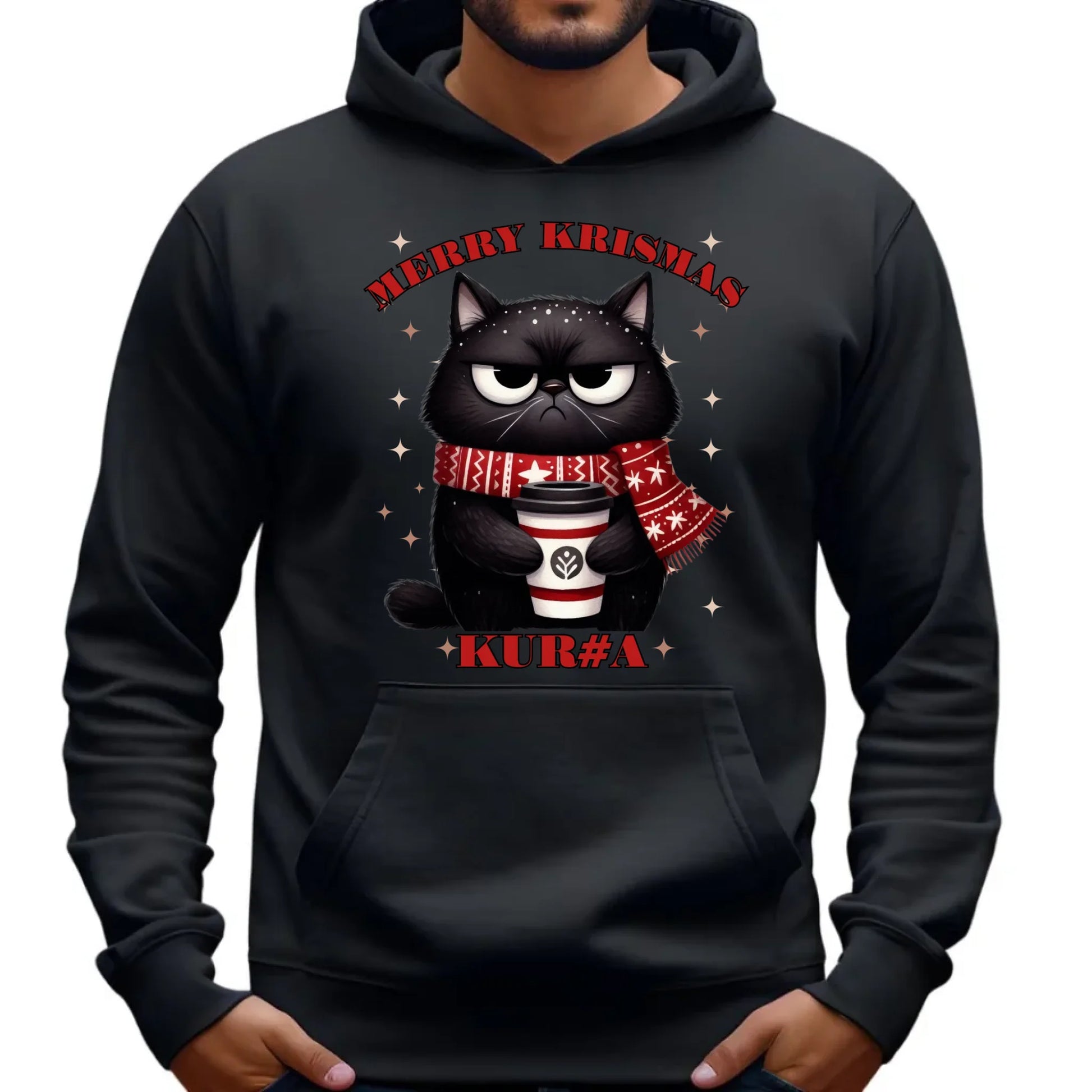 Bluza męska z kapturem świąteczna - Zburczany kot Merry Krismas kur#a - bez cenzury BN34 - StoryCups.pl