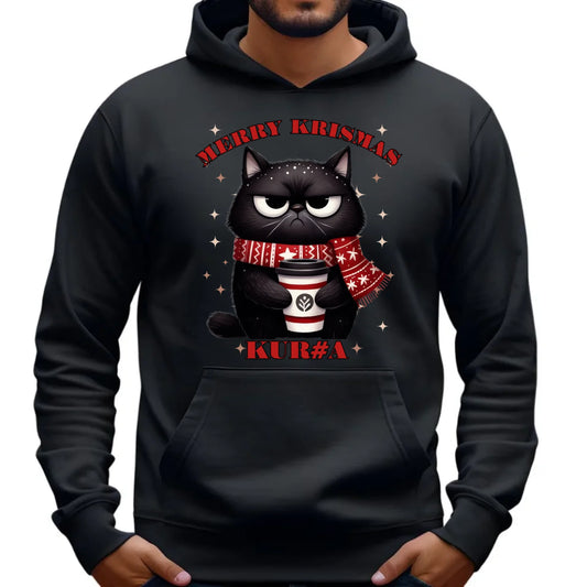 Bluza męska z kapturem świąteczna - Zburczany kot Merry Krismas kur#a - bez cenzury BN34 - StoryCups.pl