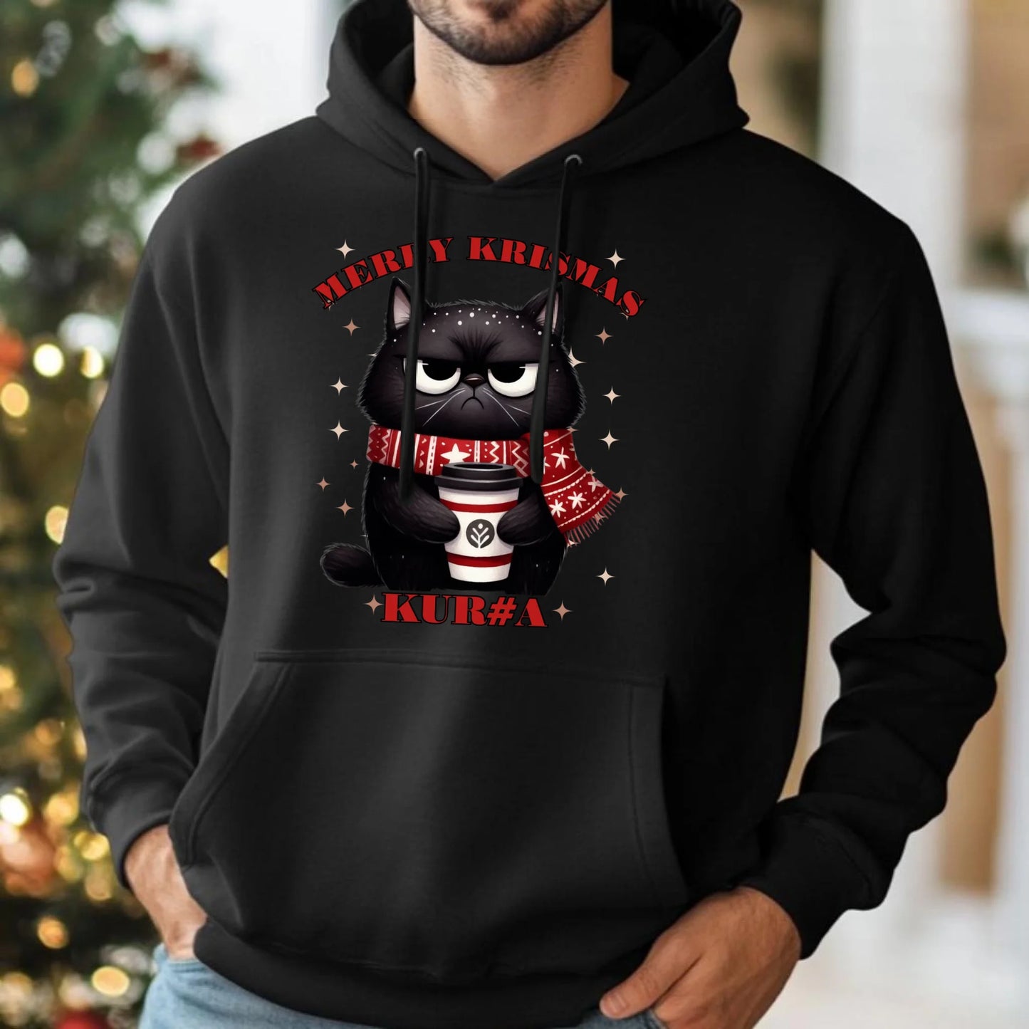 Bluza męska z kapturem świąteczna - Zburczany kot Merry Krismas kur#a - bez cenzury BN34 - StoryCups.pl