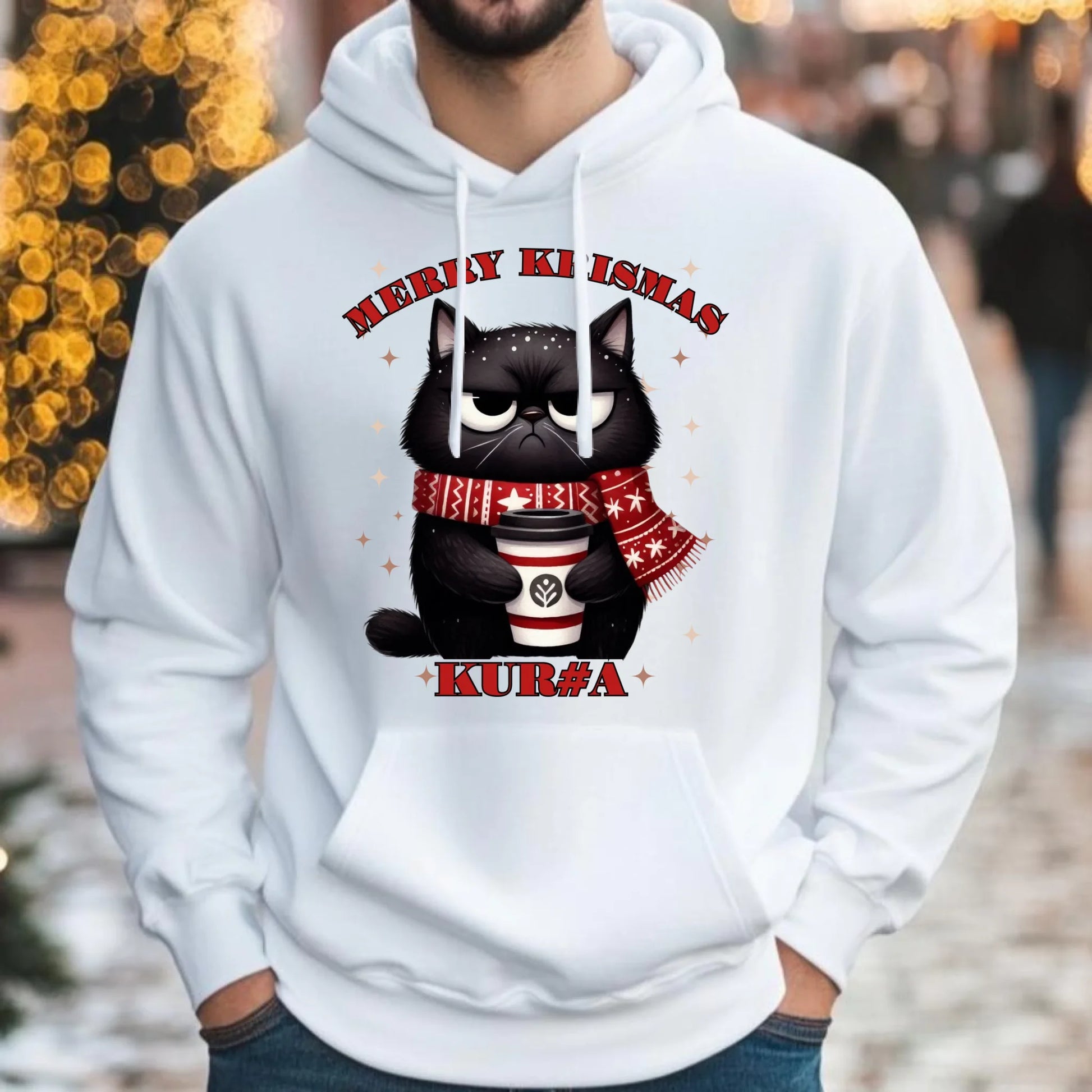 Bluza męska z kapturem świąteczna - Zburczany kot Merry Krismas kur#a - bez cenzury BN34 - StoryCups.pl