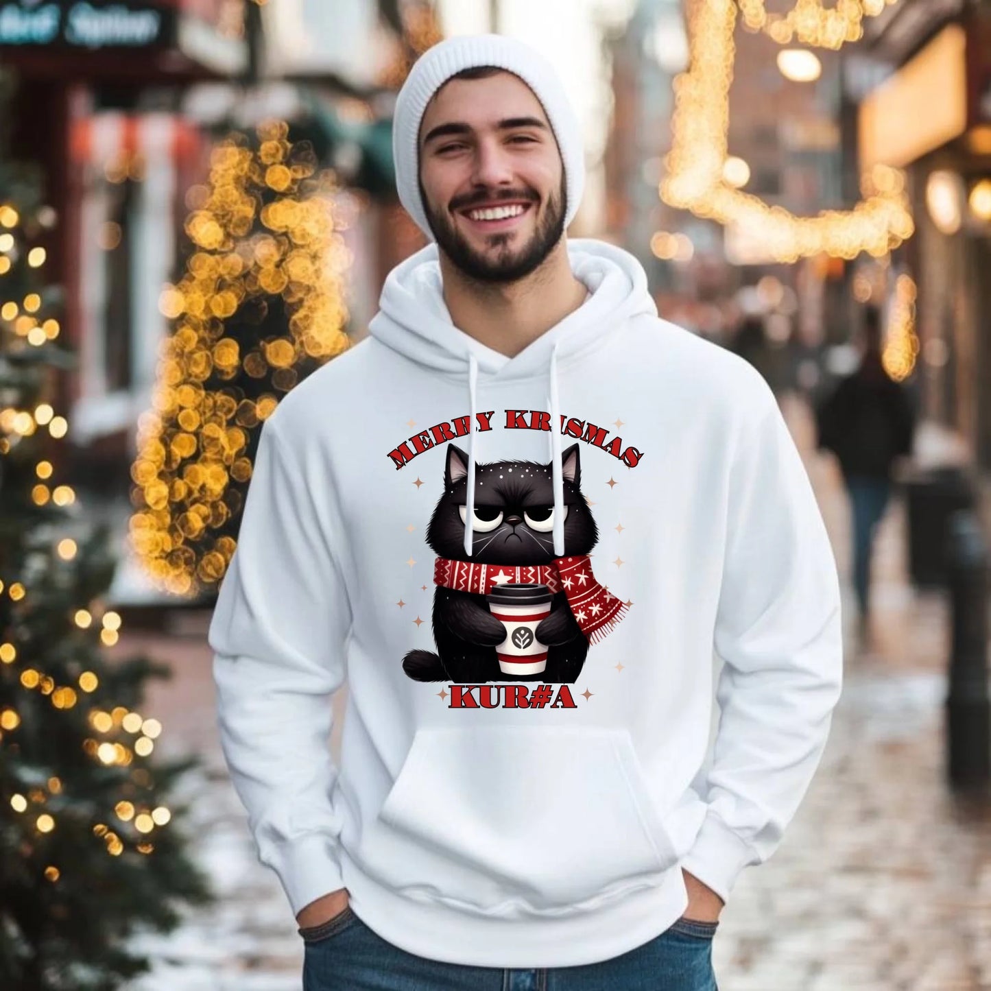 Bluza męska z kapturem świąteczna - Zburczany kot Merry Krismas kur#a - bez cenzury BN34 - StoryCups.pl