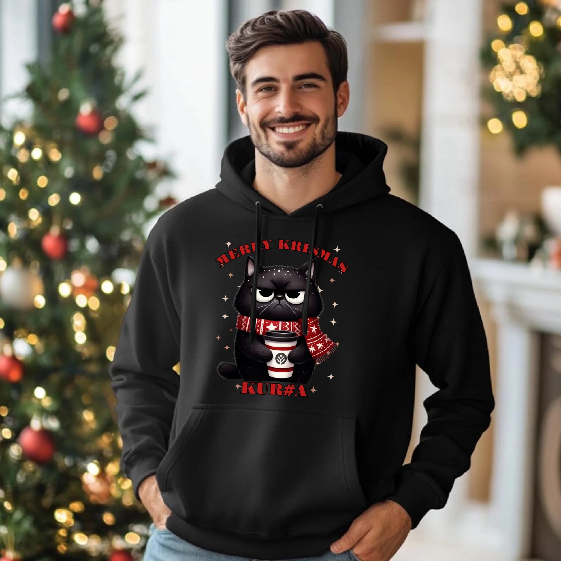 Bluza męska z kapturem świąteczna - Zburczany kot Merry Krismas kur#a - bez cenzury BN34 - StoryCups.pl