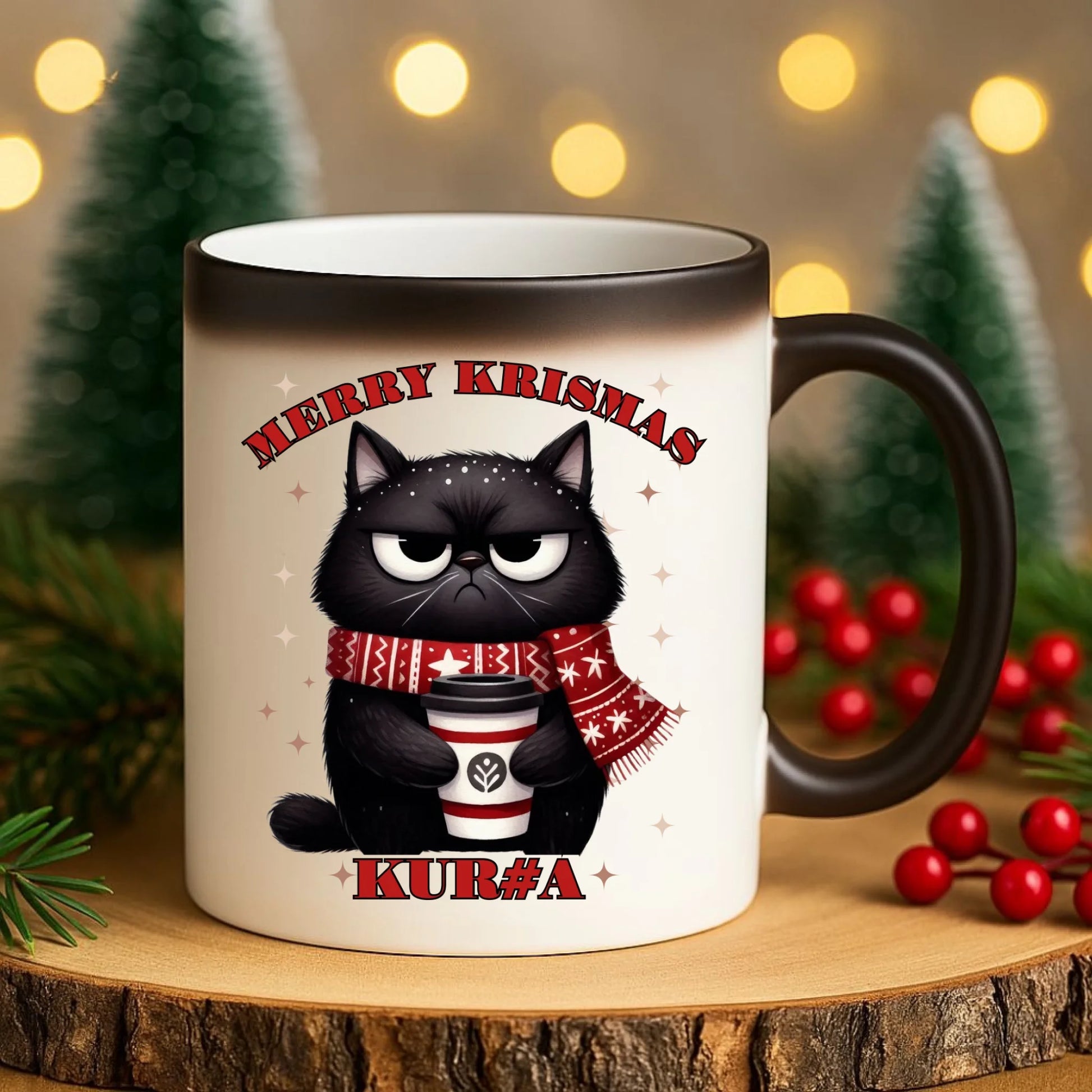 Kubek magiczny świąteczny - Zburczany kot Merry Krismas kur#a - bez cenzury BN34 - StoryCups.pl