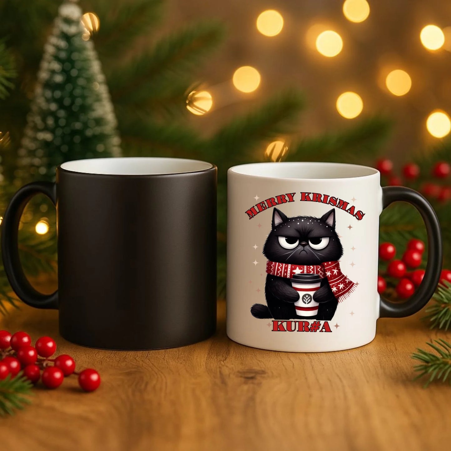 Kubek magiczny świąteczny - Zburczany kot Merry Krismas kur#a - bez cenzury BN34 - StoryCups.pl
