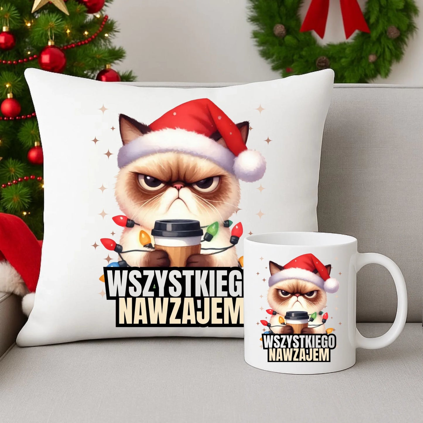 Zestaw poduszka i kubek świąteczny - Grumpy Cat Wszystkiego nawzajem BN33 - StoryCups.pl