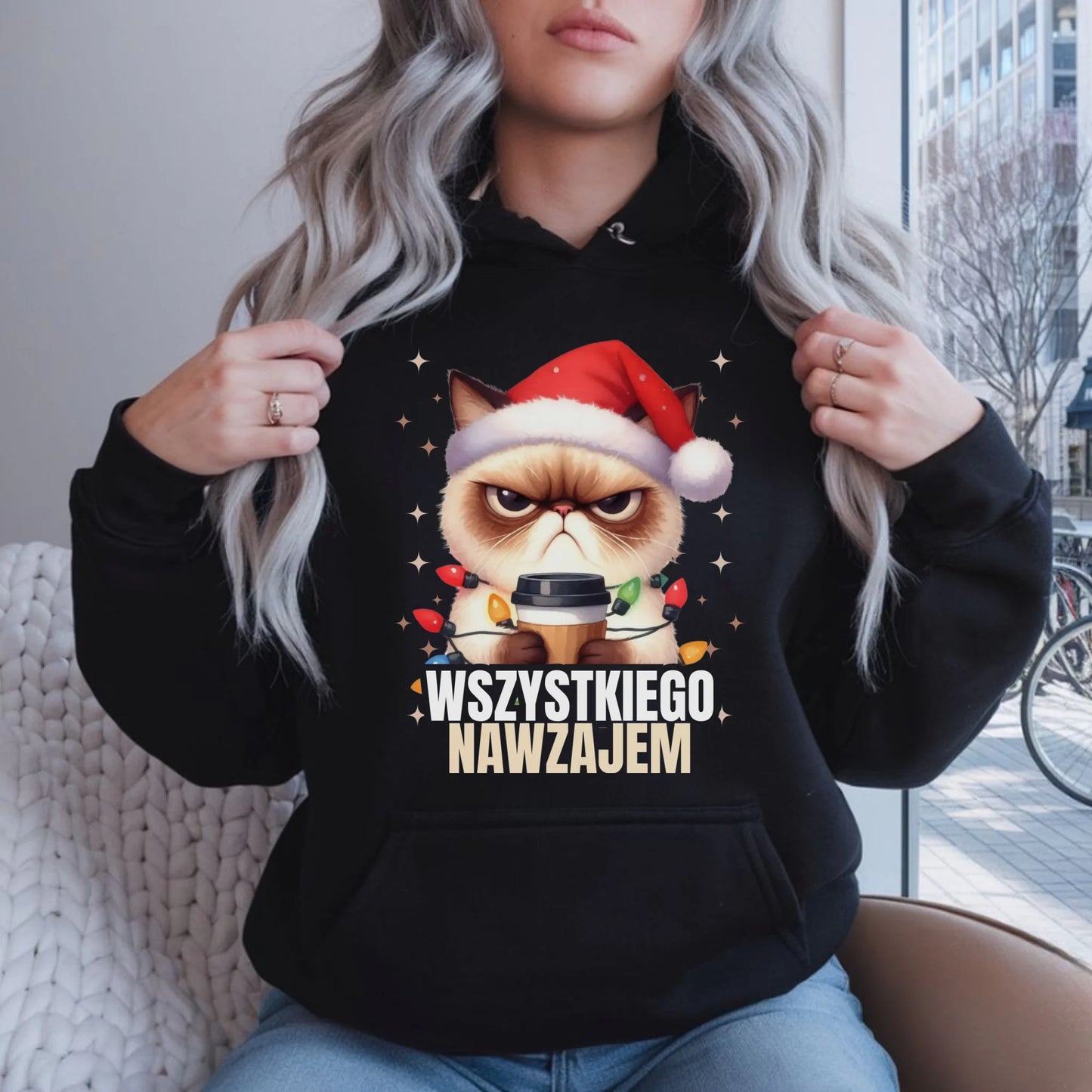 Bluza damska z kapturem świąteczna - Grumpy Cat Wszystkiego nawzajem BN33 - StoryCups.pl