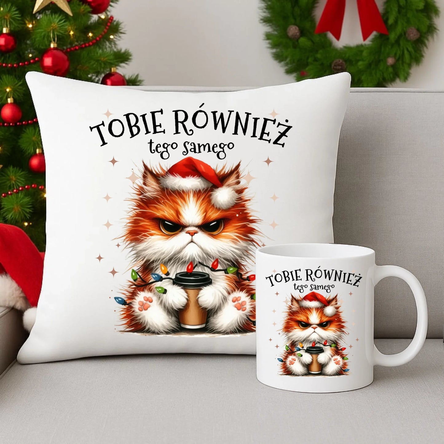 Zestaw poduszka i kubek świąteczny - Grumpy Cat Tobie również tego samego BN32 - StoryCups.pl