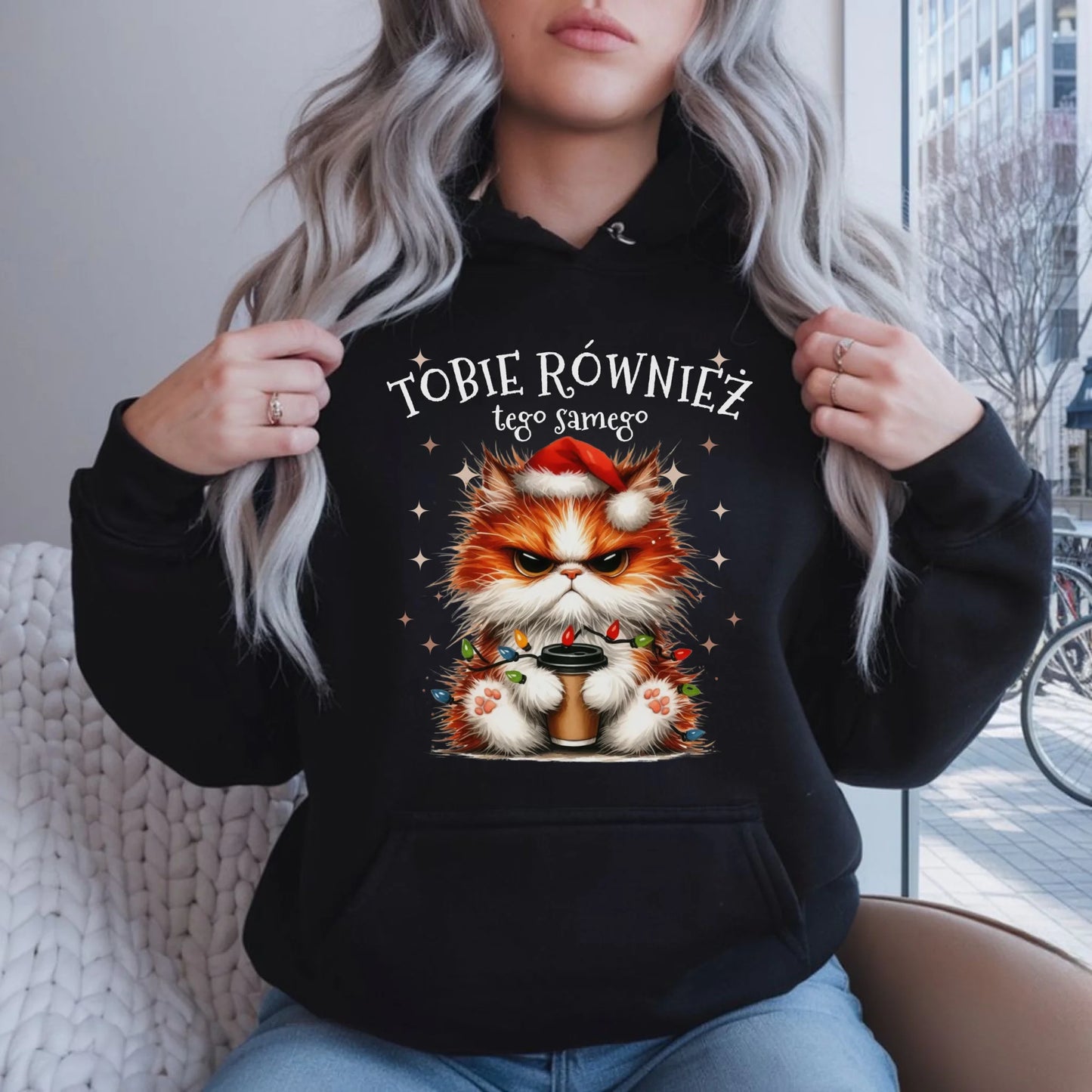 Bluza damska z kapturem świąteczna - Grumpy Cat Tobie również tego samego BN32 - StoryCups.pl