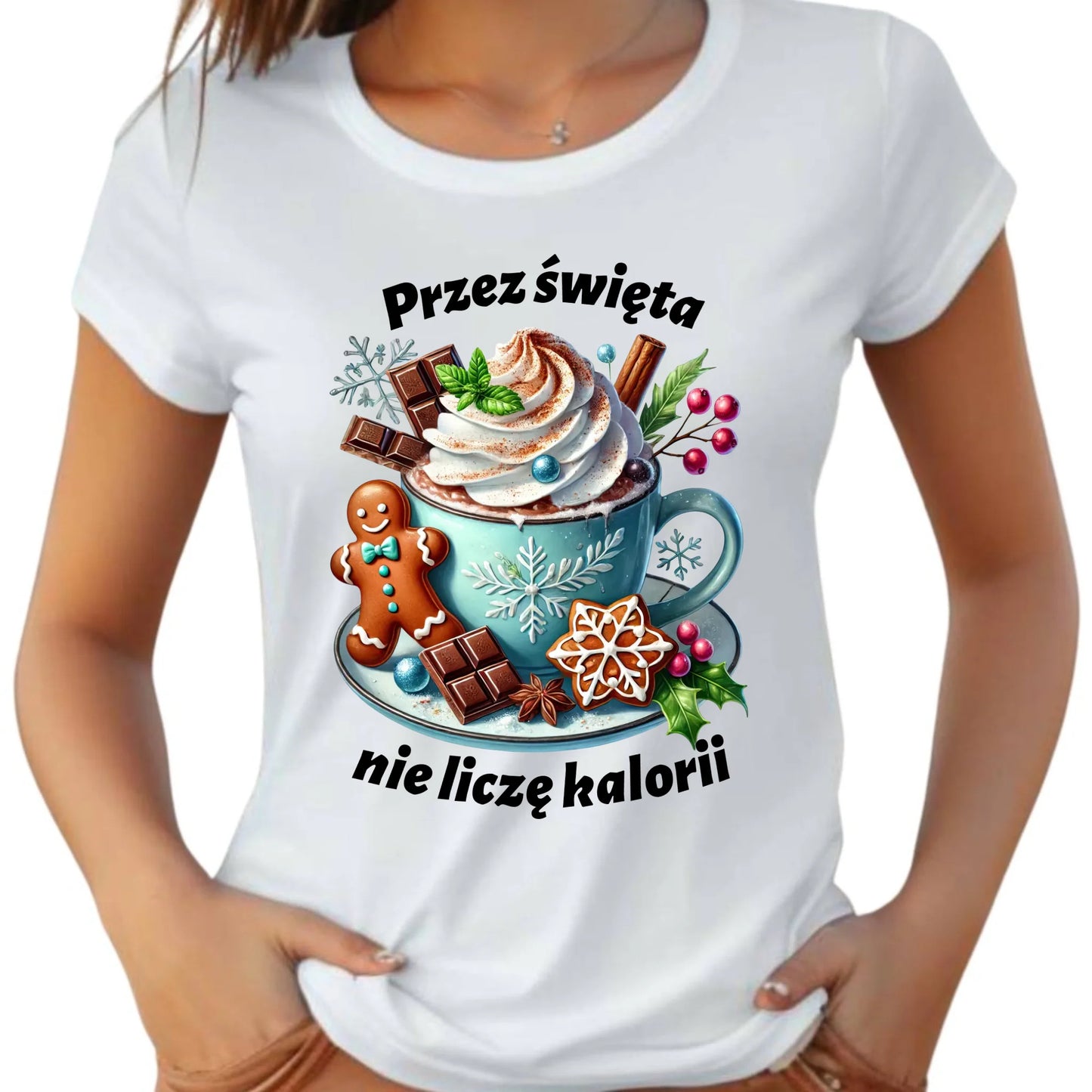 Koszulka damska świąteczna - Przez święta nie liczę kalorii BN31 - StoryCups.pl