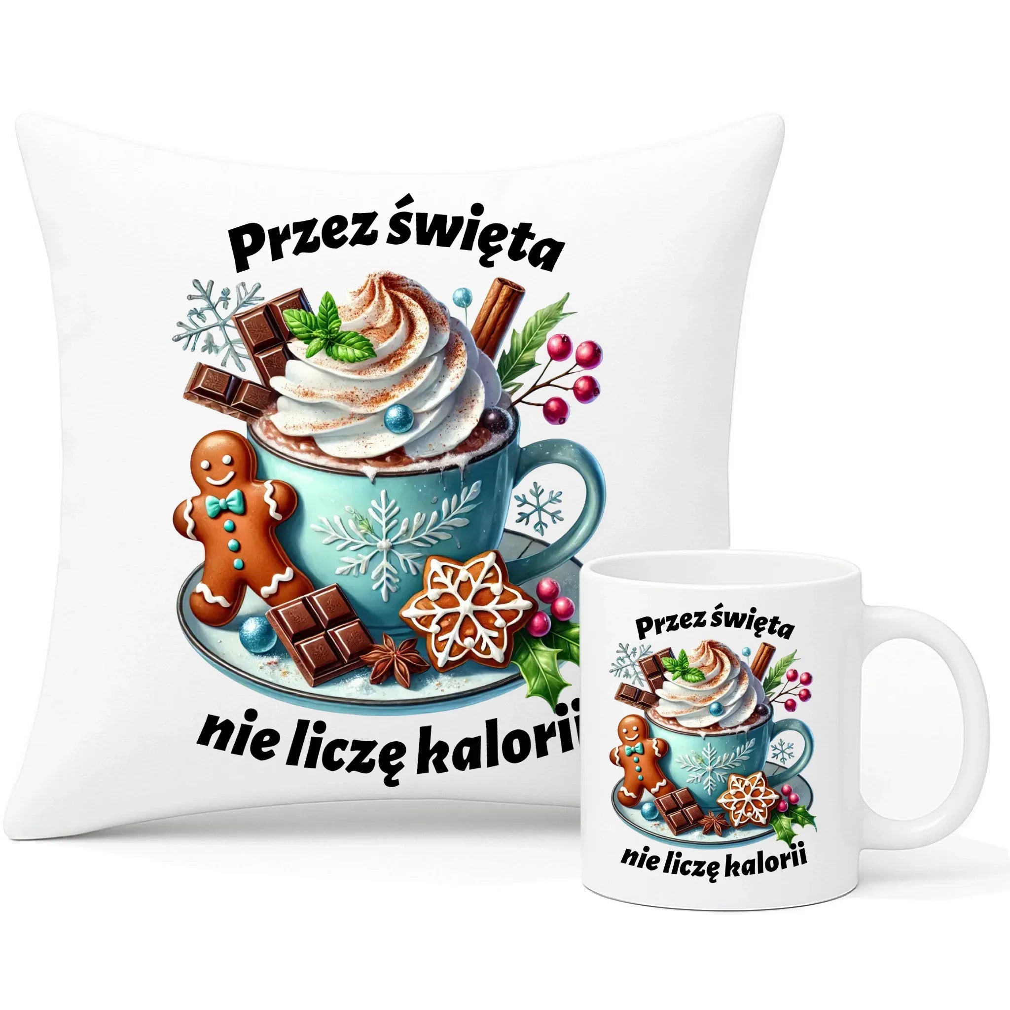 Zestaw poduszka i kubek świąteczny - Przez święta nie liczę kalorii BN31 - StoryCups.pl