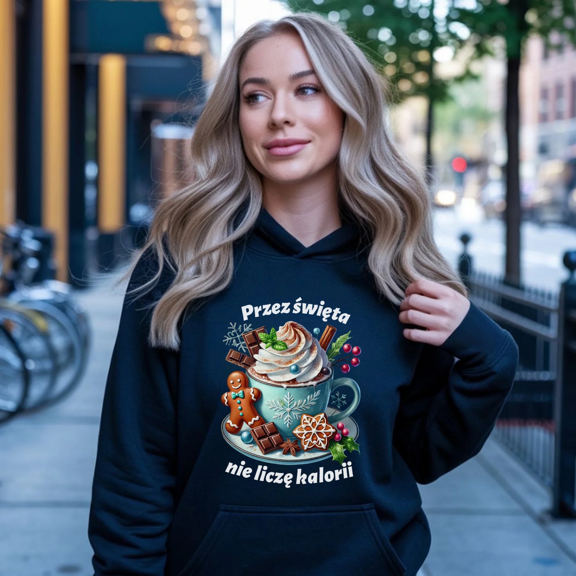 Bluza damska z kapturem świąteczna - Przez święta nie liczę kalorii BN31 - StoryCups.pl