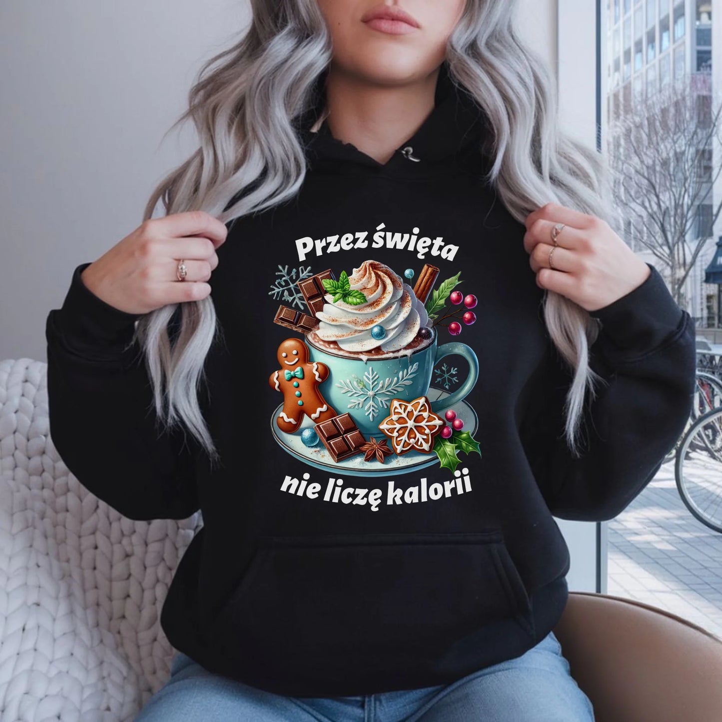Bluza damska z kapturem świąteczna - Przez święta nie liczę kalorii BN31 - StoryCups.pl