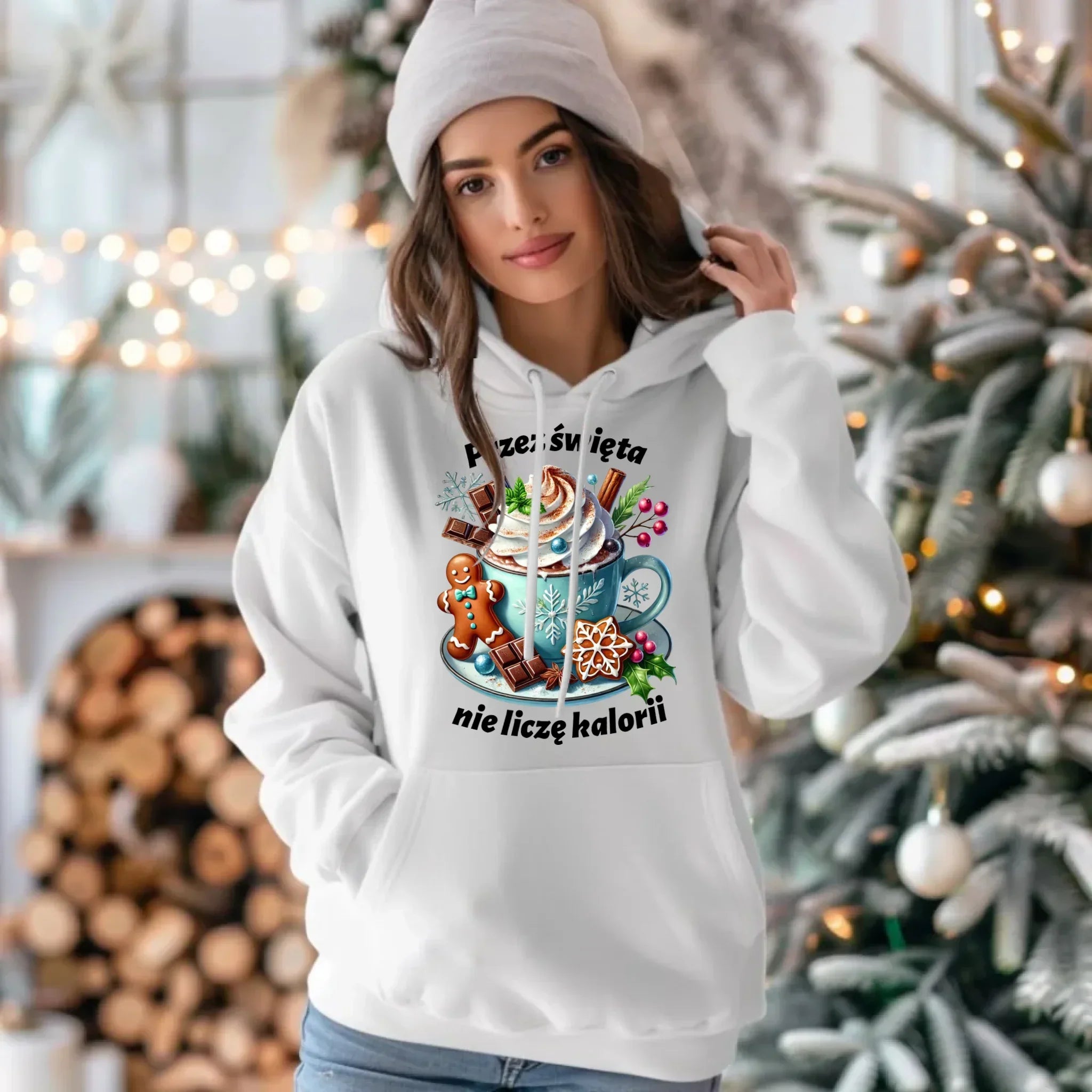 Bluza damska z kapturem świąteczna - Przez święta nie liczę kalorii BN31 - StoryCups.pl