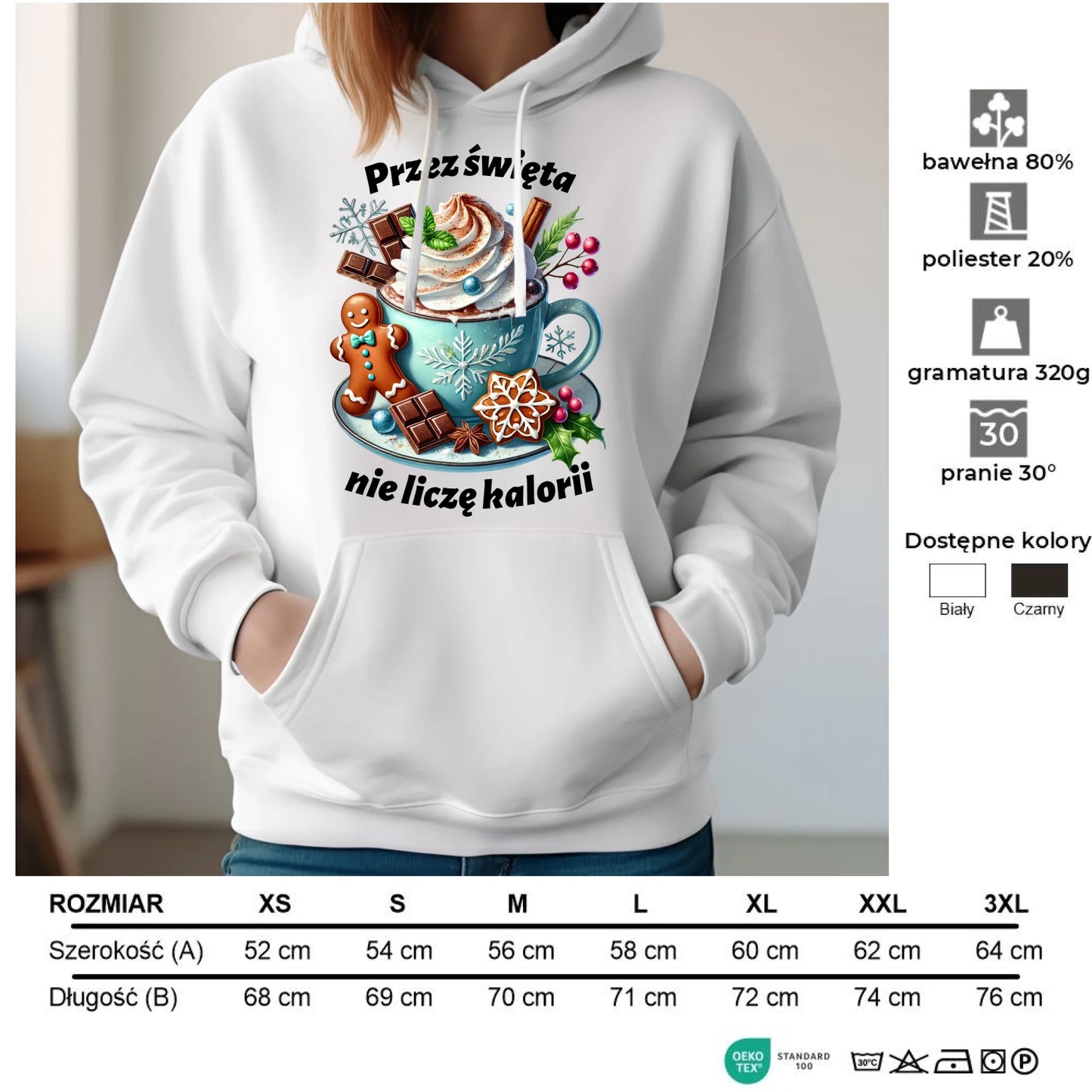 Bluza damska z kapturem świąteczna - Przez święta nie liczę kalorii BN31 - StoryCups.pl