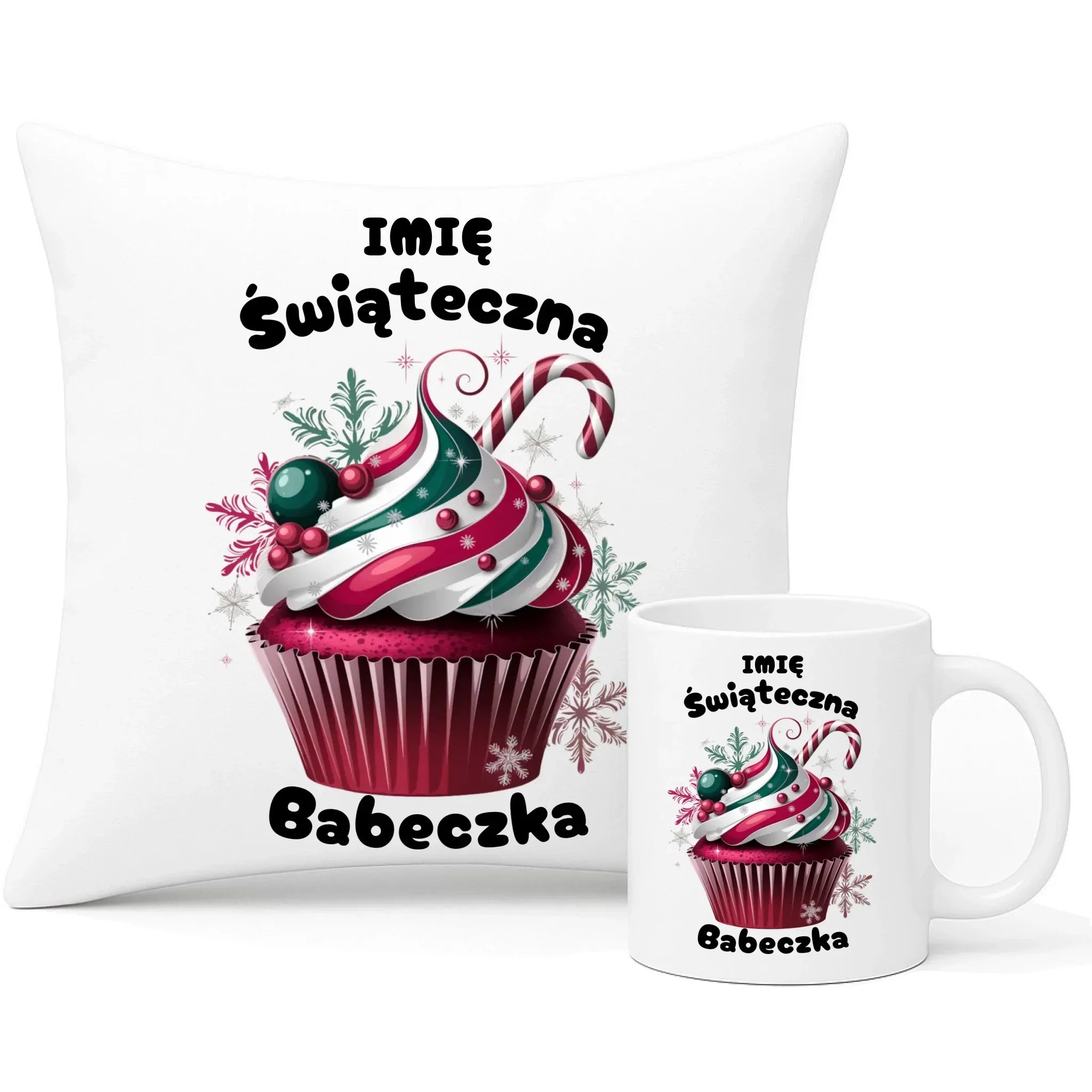 Zestaw poduszka i kubek na święta - Świąteczna babeczka - personalizowany BN30 - StoryCups.pl
