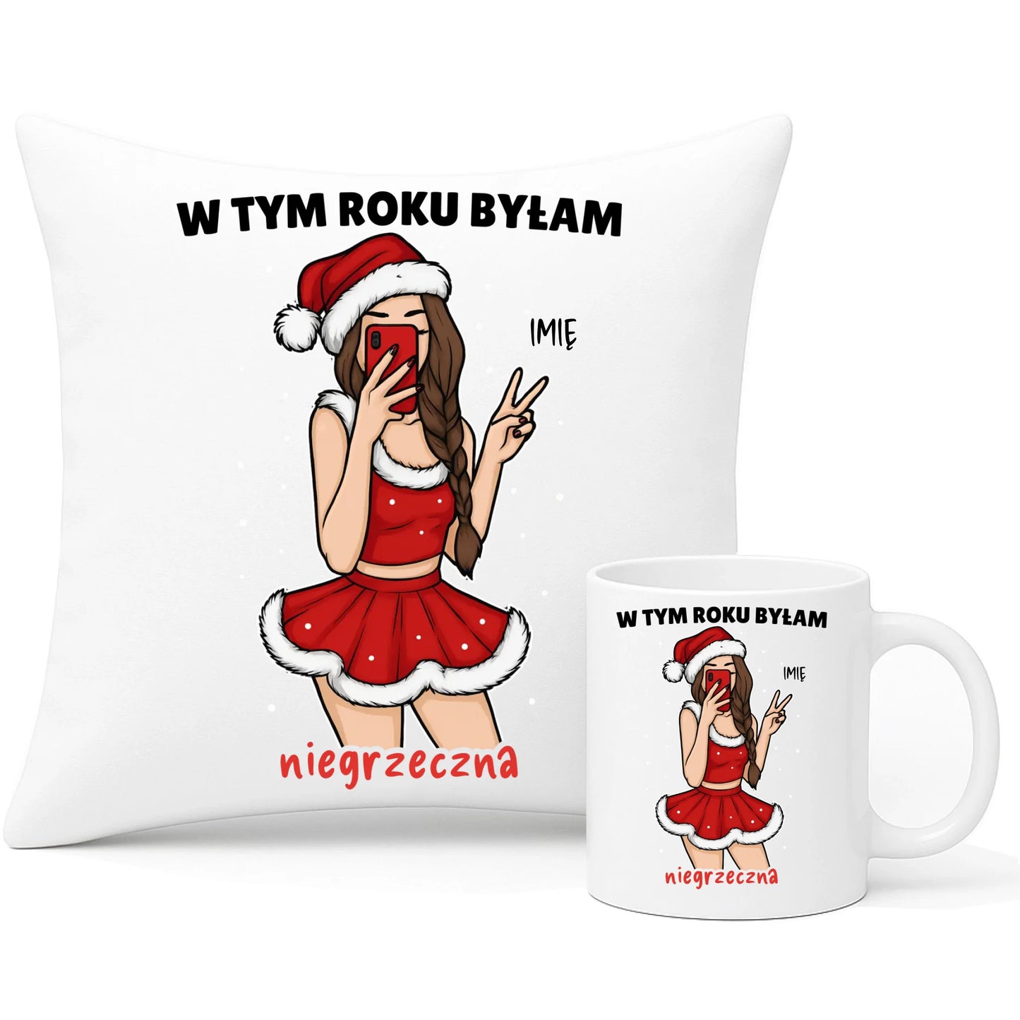 Zestaw poduszka i kubek świąteczny - W tym toku byłam niegrzeczna - personalizowany BN21 - StoryCups.pl