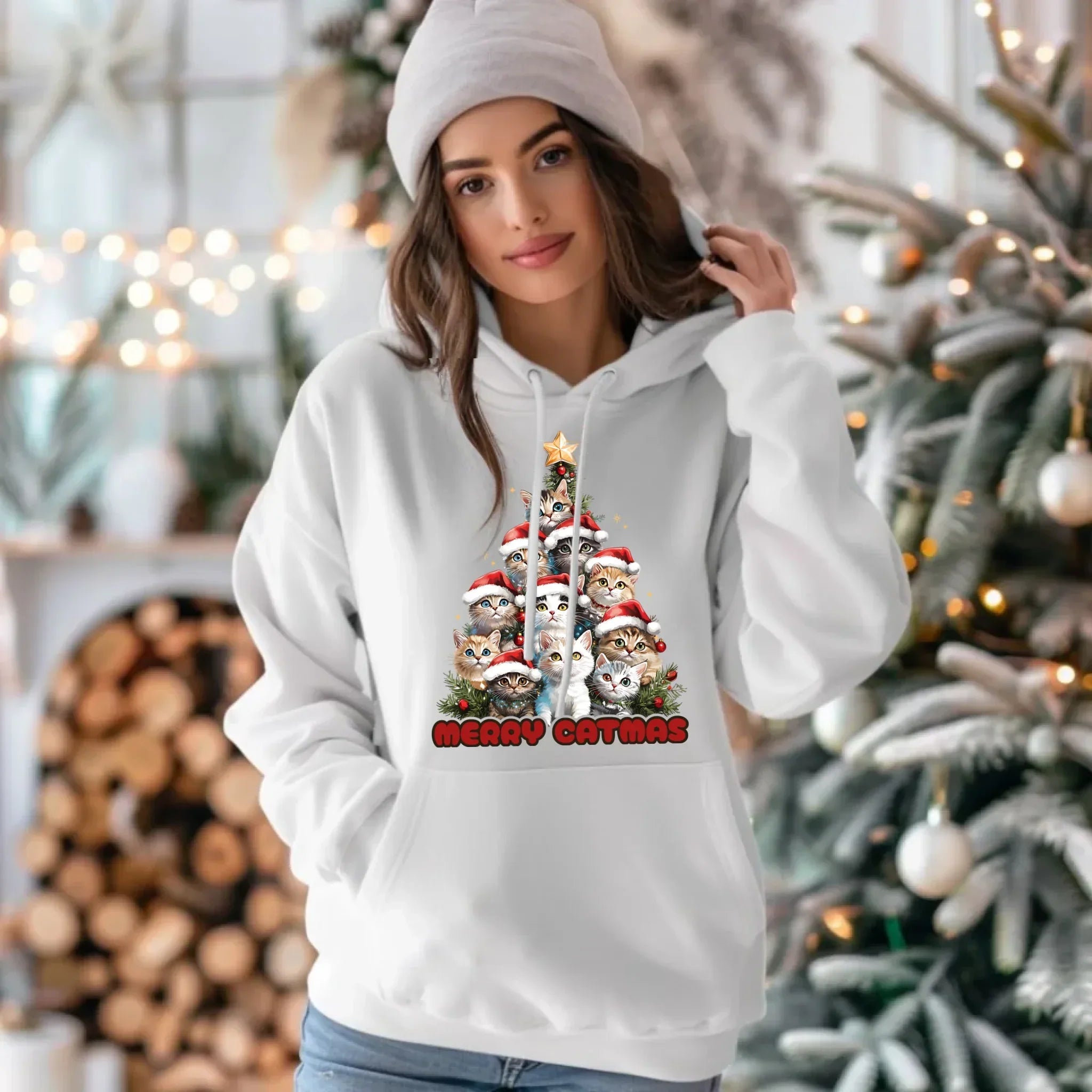 Bluza damska z kapturem świąteczna - Kocia choinka Merry Catmas BN20 - StoryCups.pl