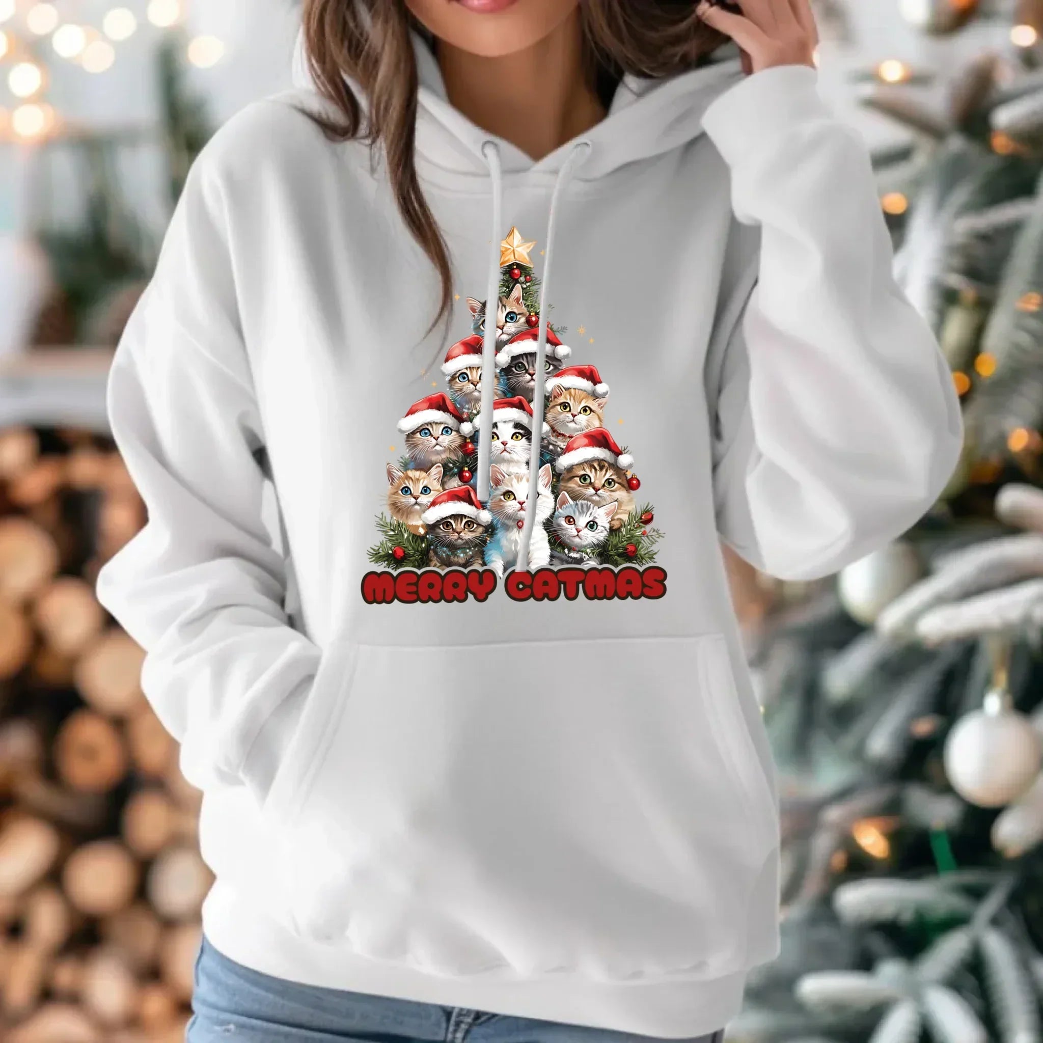 Bluza damska z kapturem świąteczna - Kocia choinka Merry Catmas BN20 - StoryCups.pl