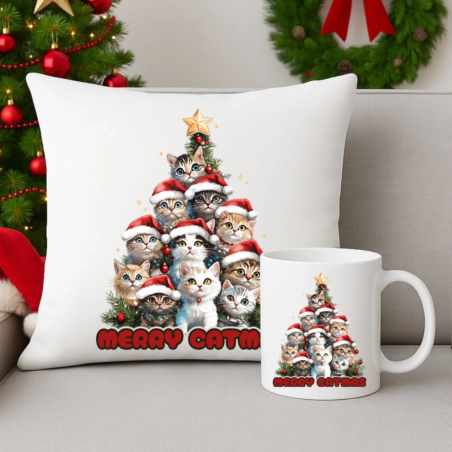 Zestaw poduszka i kubek świąteczny - Kocia choinka Merry Catmas BN20 - StoryCups.pl