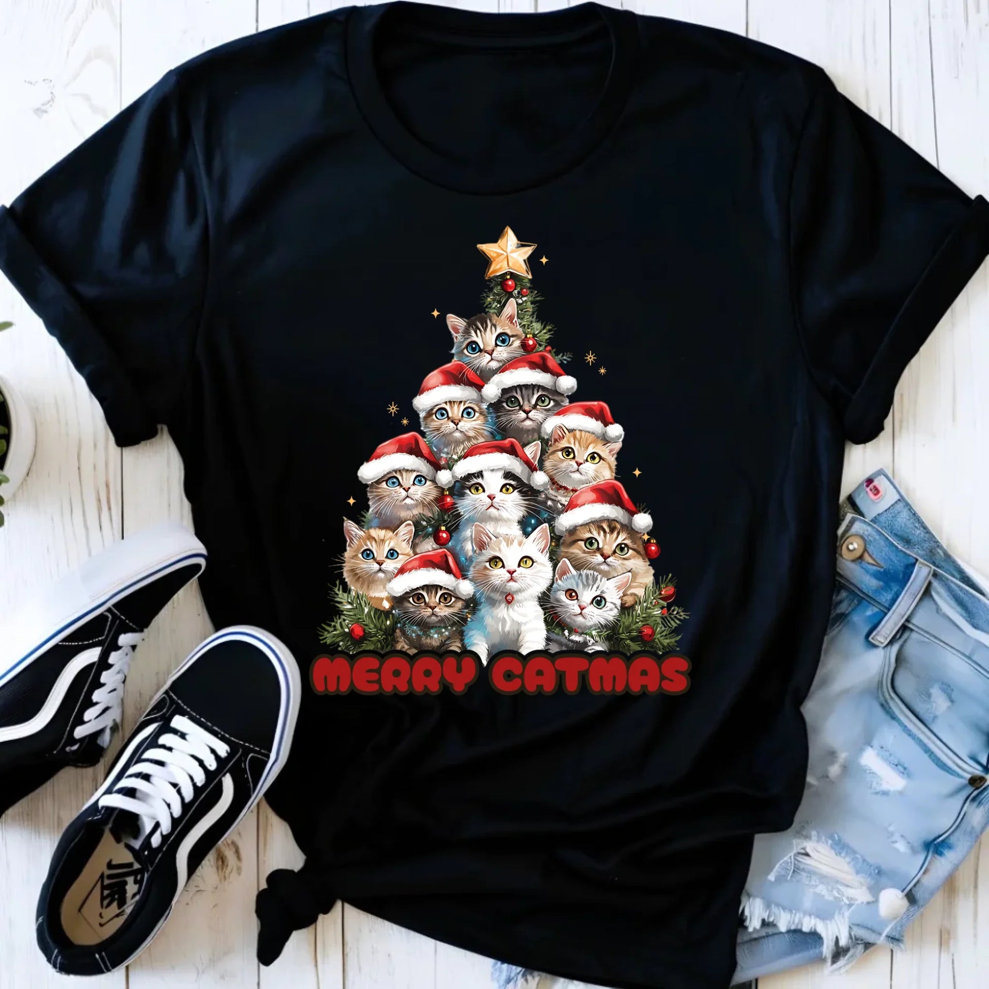 Koszulka damska świąteczna - Kocia choinka Merry Catmas BN20 - StoryCups.pl