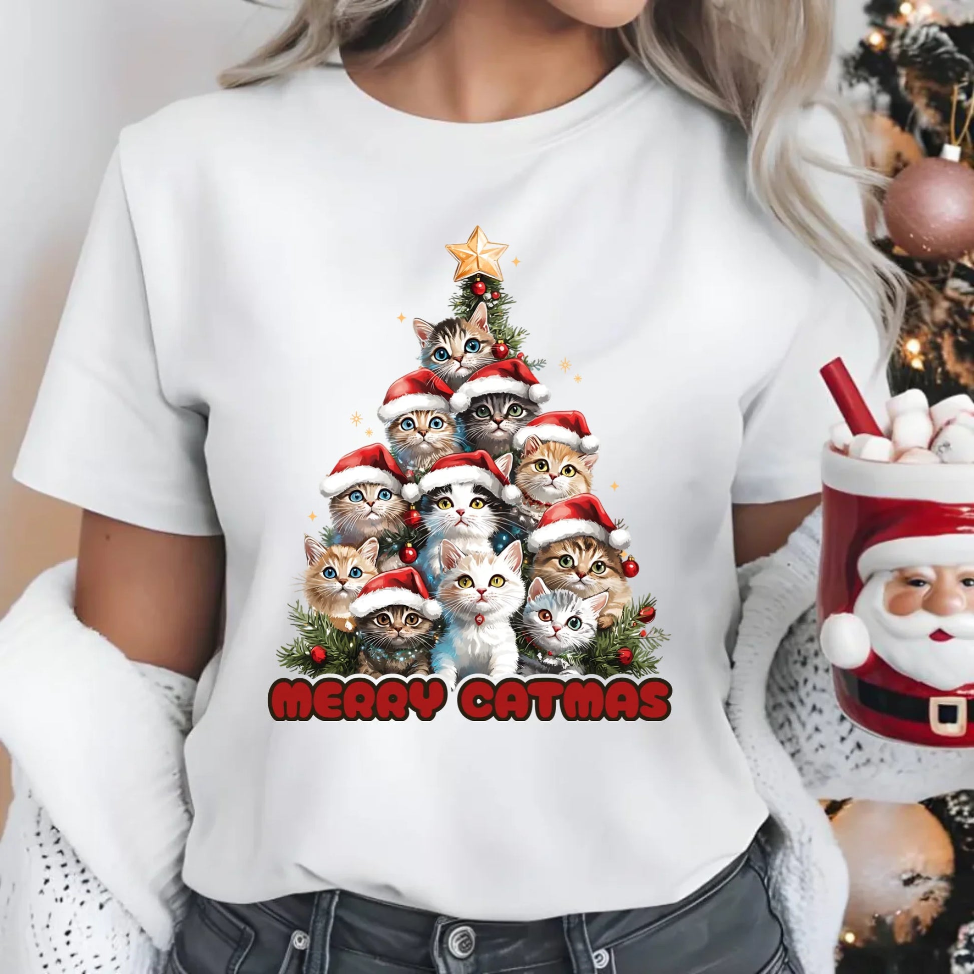Koszulka damska świąteczna - Kocia choinka Merry Catmas BN20 - StoryCups.pl