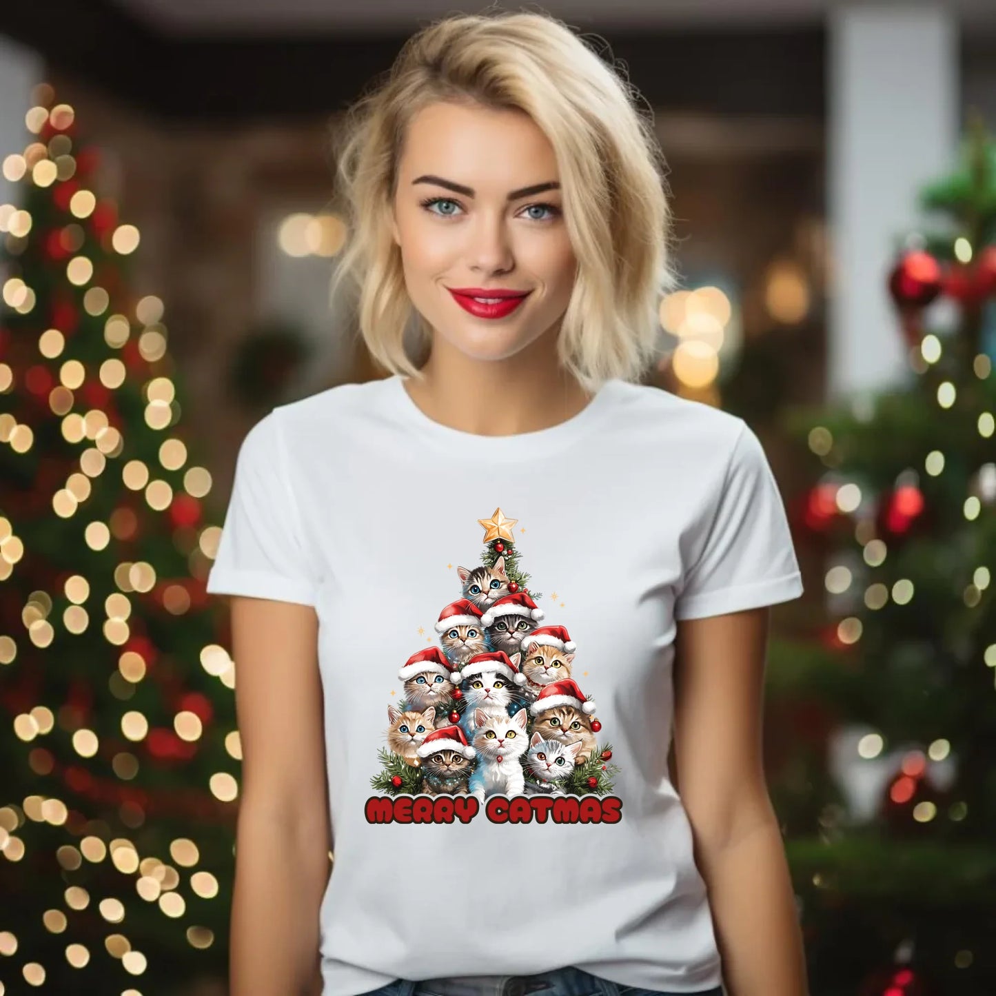 Koszulka damska świąteczna - Kocia choinka Merry Catmas BN20 - StoryCups.pl