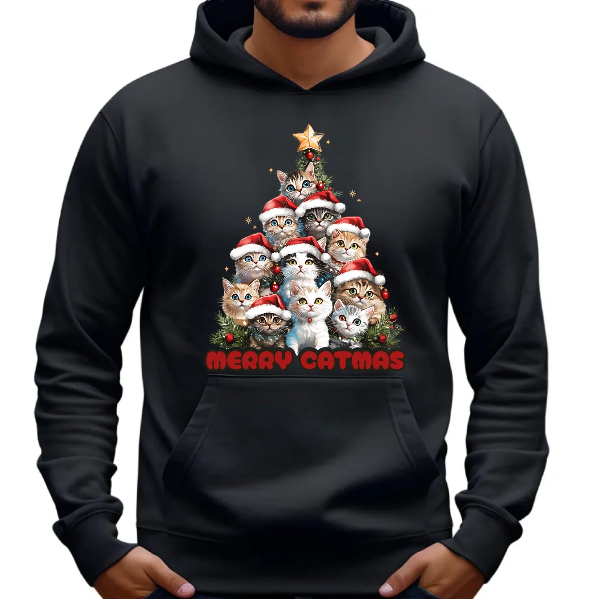 Bluza męska z kapturem świąteczna - Kocia choinka Merry Catmas BN20 - StoryCups.pl