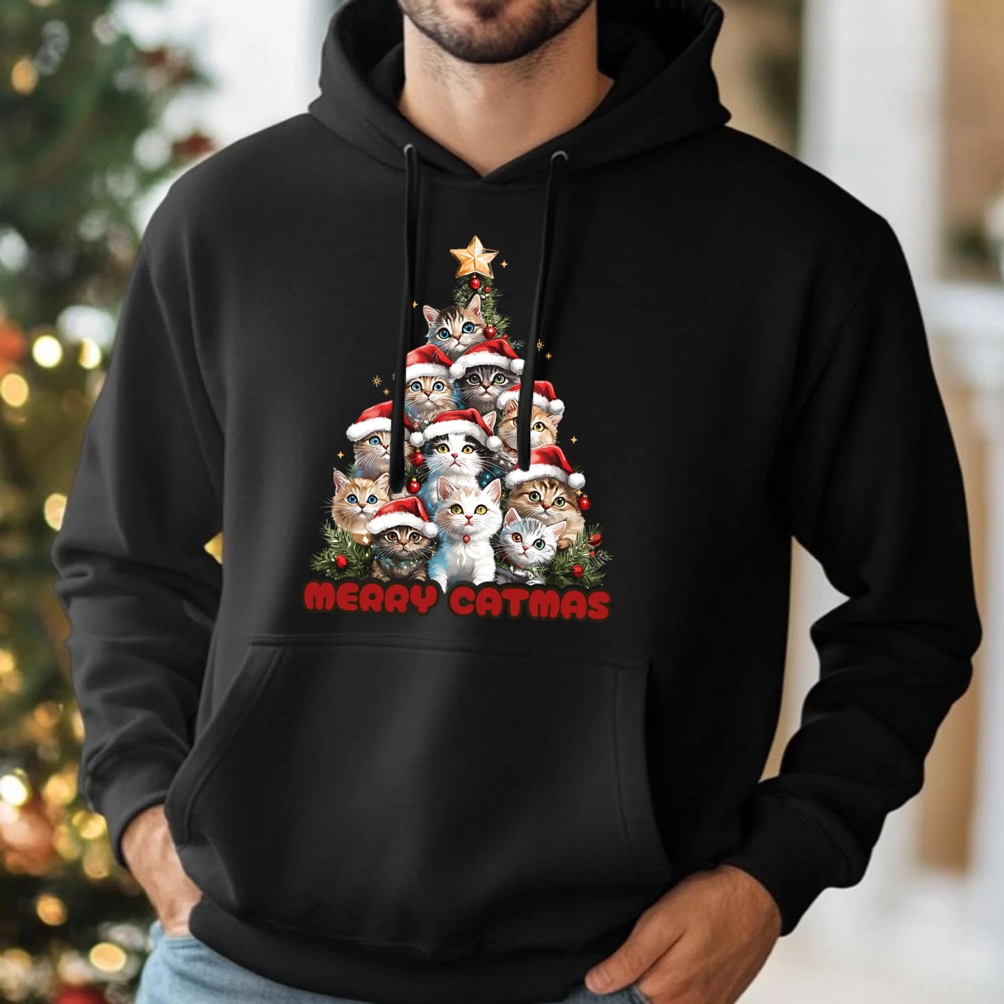 Bluza męska z kapturem świąteczna - Kocia choinka Merry Catmas BN20 - StoryCups.pl
