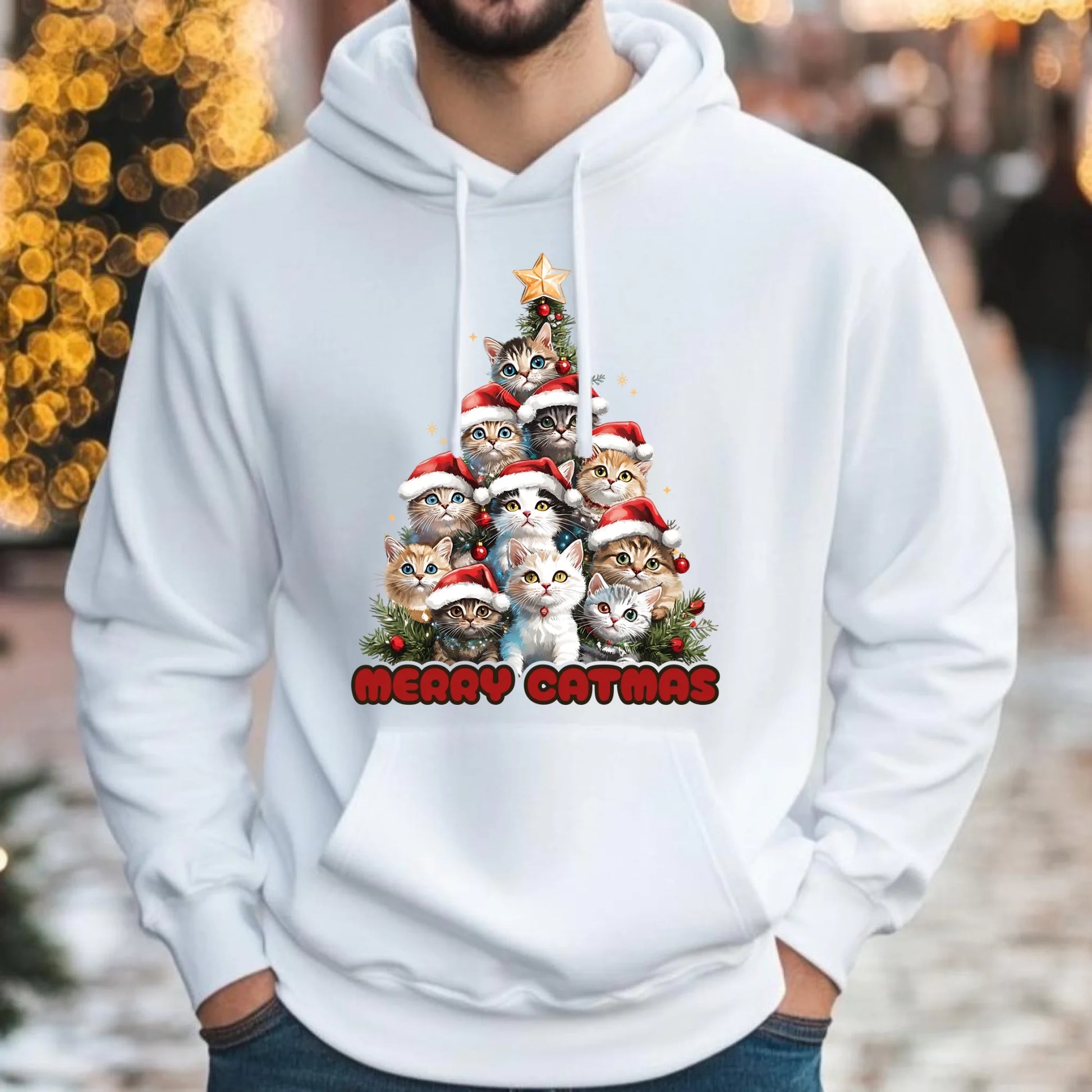 Bluza męska z kapturem świąteczna - Kocia choinka Merry Catmas BN20 - StoryCups.pl