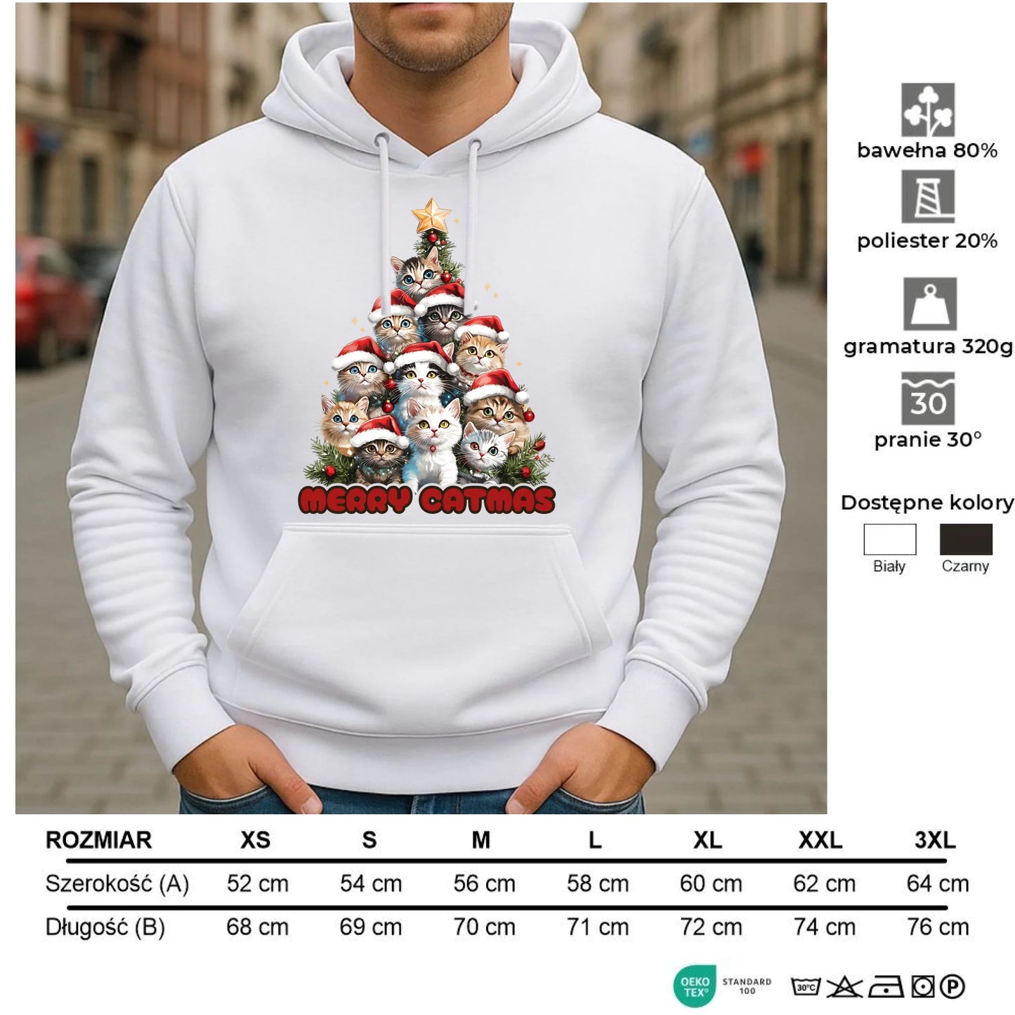 Bluza męska z kapturem świąteczna - Kocia choinka Merry Catmas BN20 - StoryCups.pl