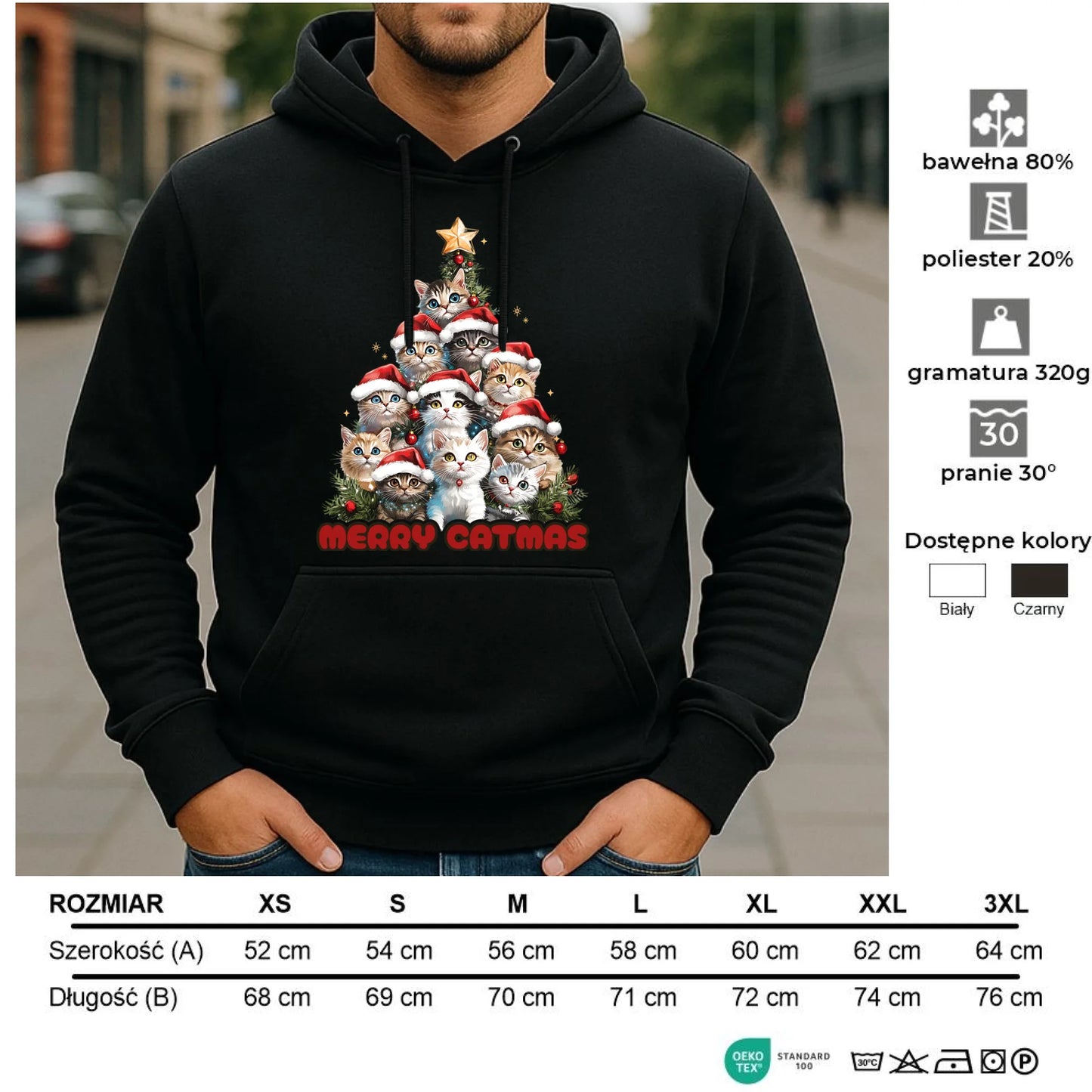 Bluza męska z kapturem świąteczna - Kocia choinka Merry Catmas BN20 - StoryCups.pl