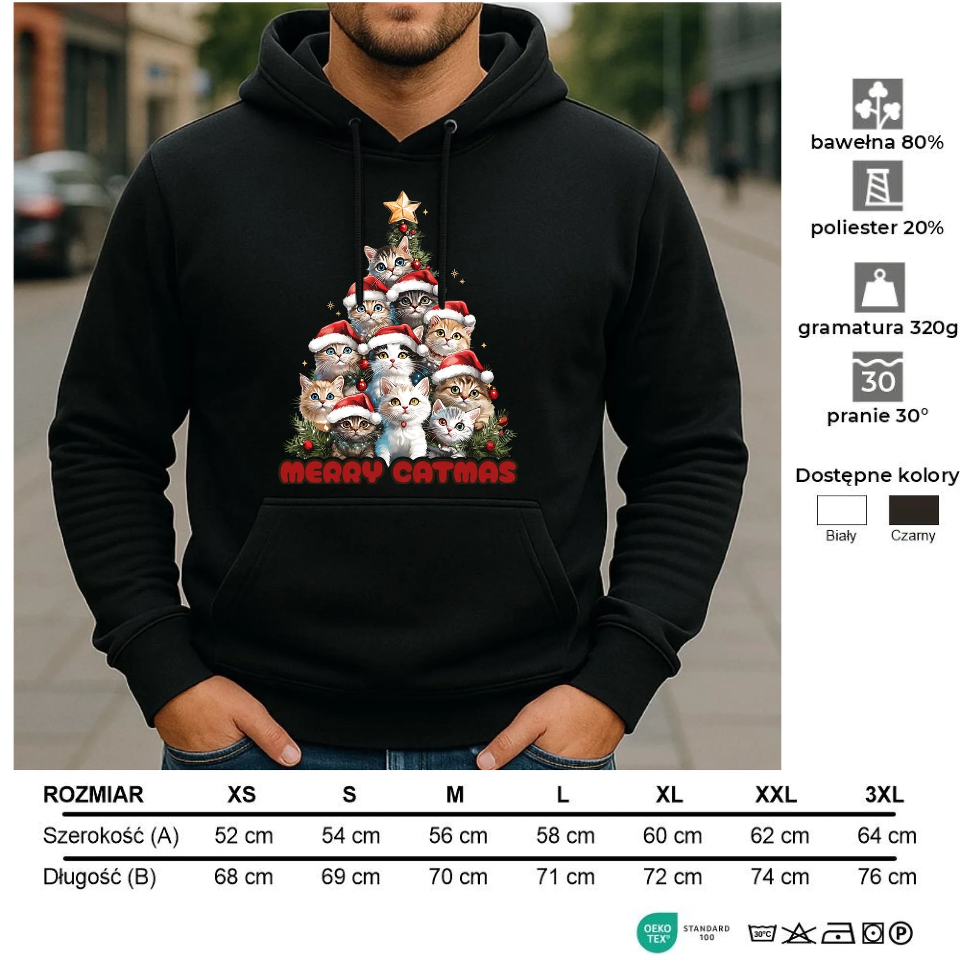 Bluza męska z kapturem świąteczna - Kocia choinka Merry Catmas BN20 - StoryCups.pl