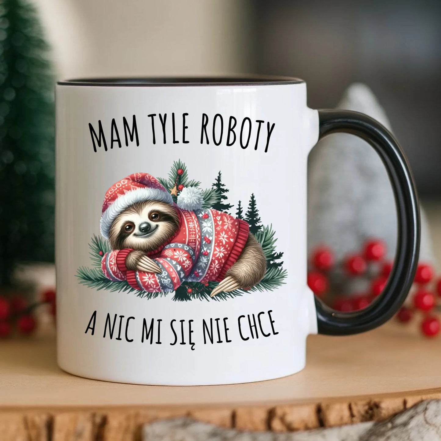 Kubek świąteczny - Leniwiec Mam tyle roboty, a nic mi się nie chce BN18 - StoryCups.pl