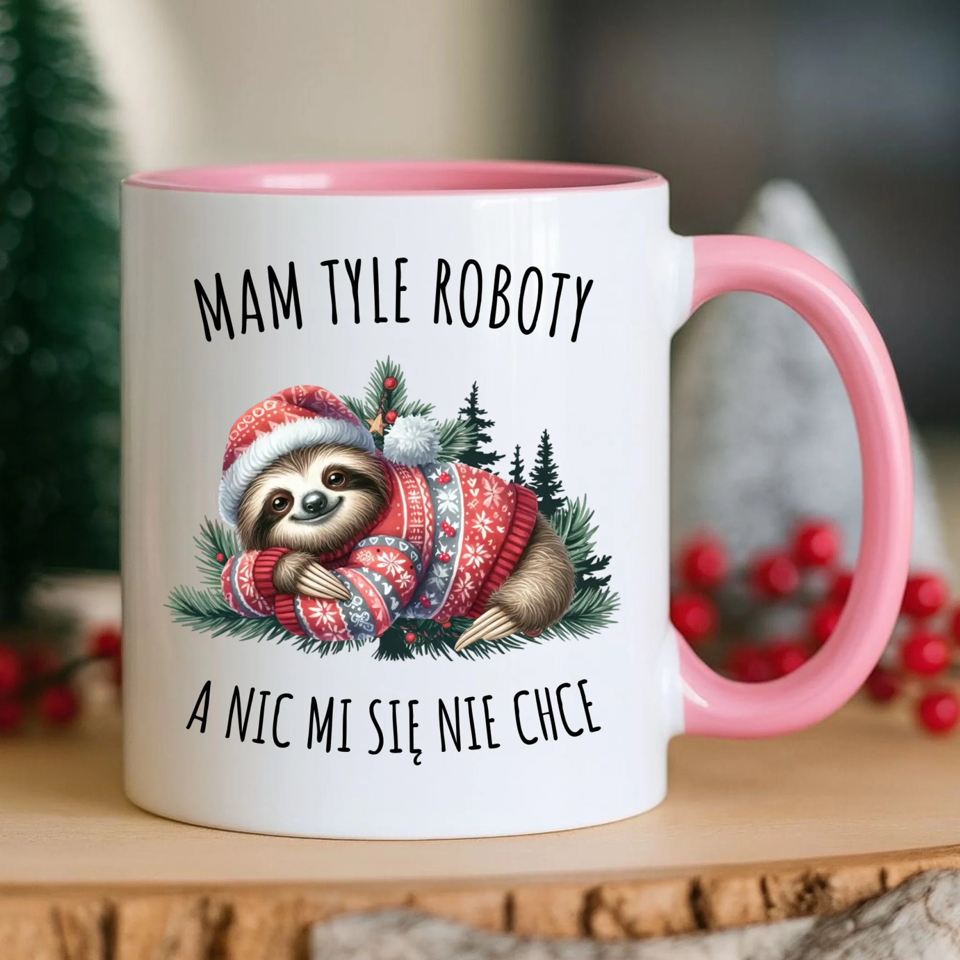 Kubek świąteczny - Leniwiec Mam tyle roboty, a nic mi się nie chce BN18 - StoryCups.pl