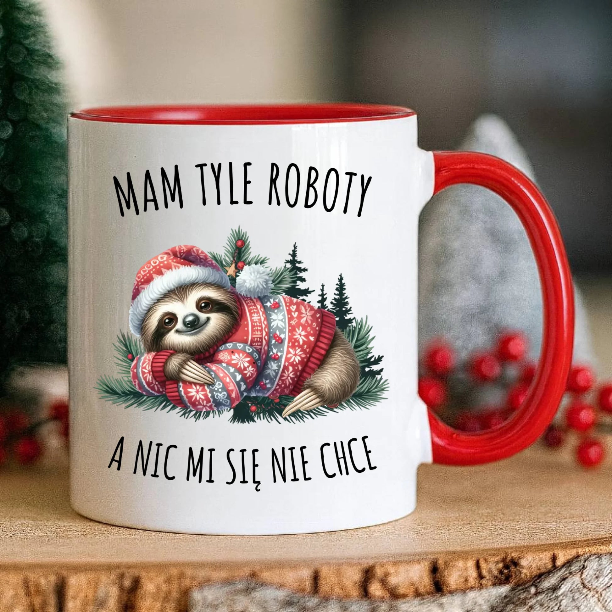 Kubek świąteczny - Leniwiec Mam tyle roboty, a nic mi się nie chce BN18 - StoryCups.pl