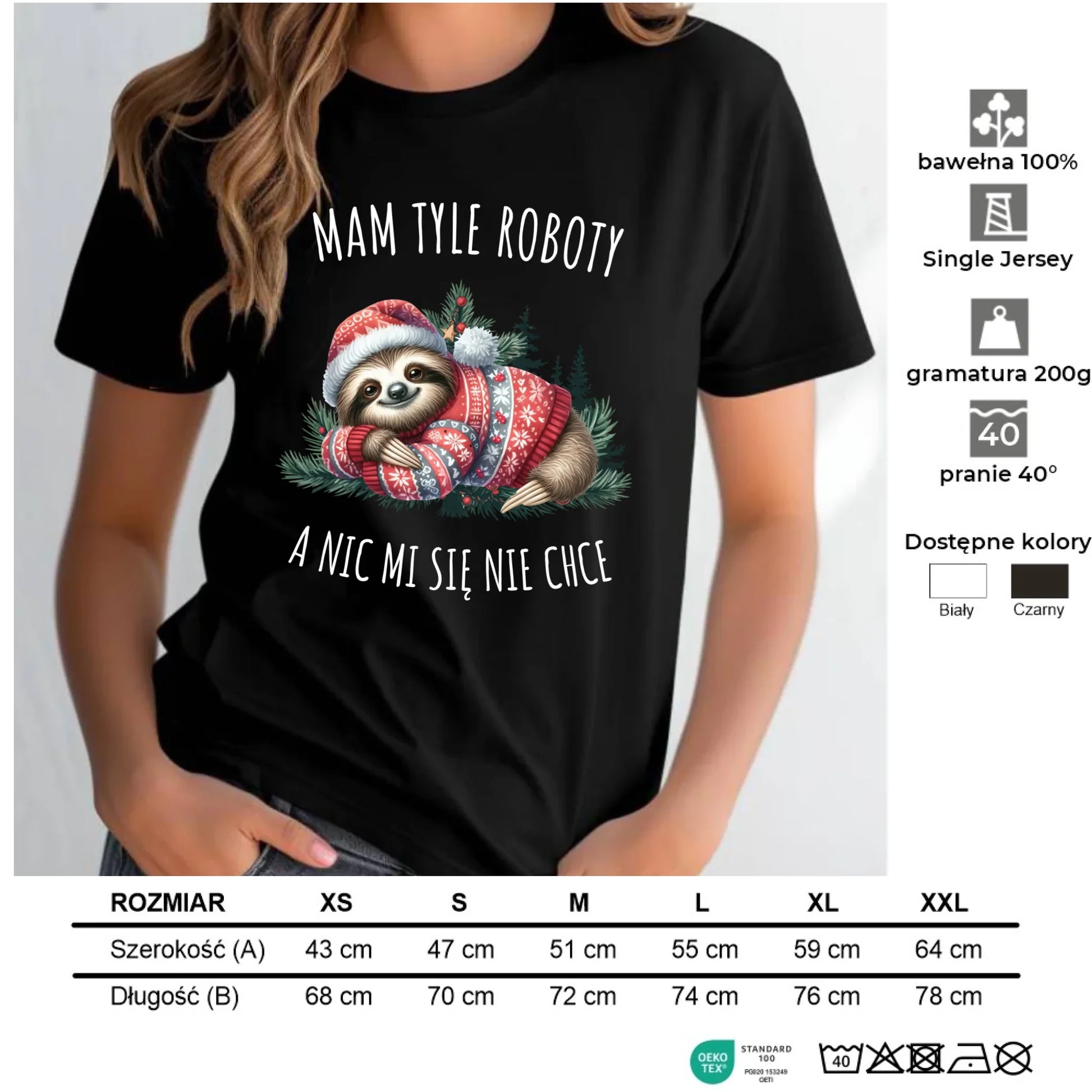 Koszulka damska świąteczna - Leniwiec Mam tyle roboty, a nic mi się nie chce BN18 - StoryCups.pl