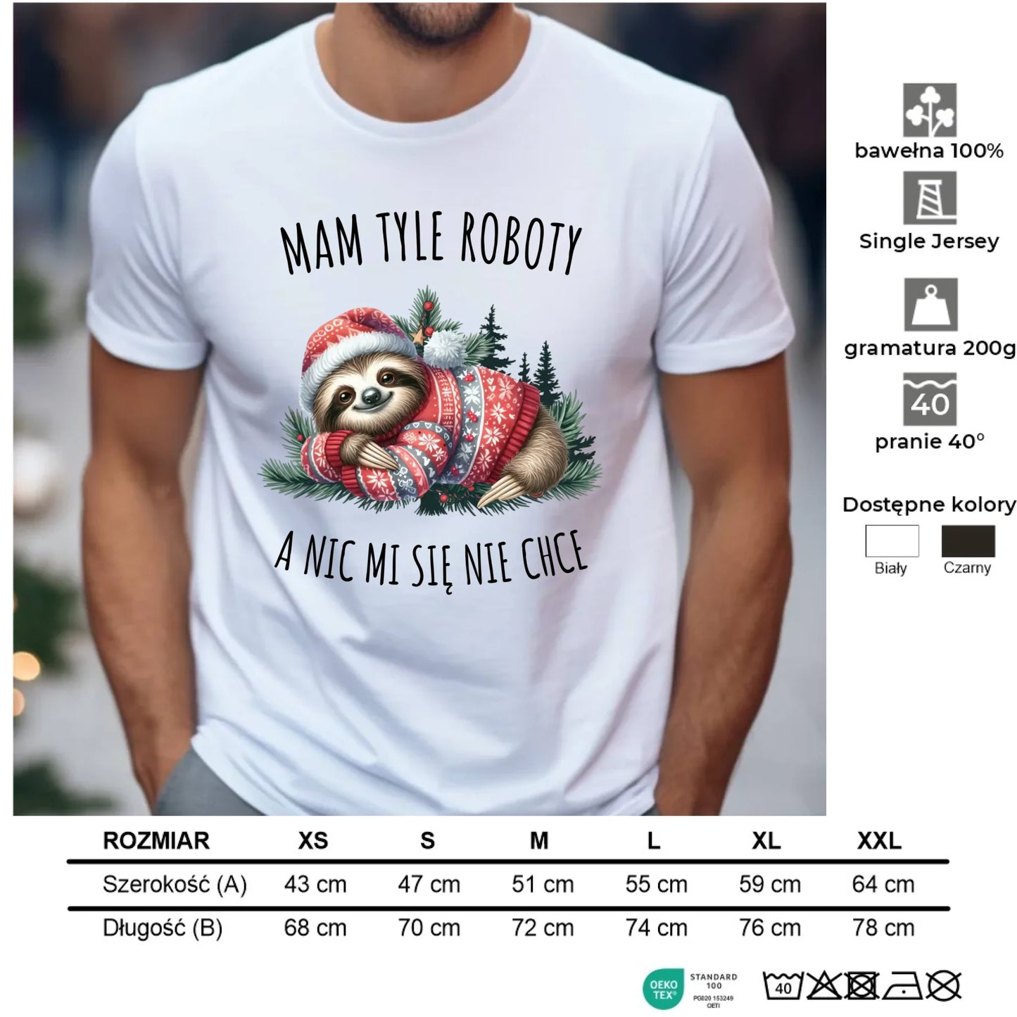 Koszulka męska świąteczna - Leniwiec Mam tyle roboty, a nic mi się nie chce BN18 - StoryCups.pl