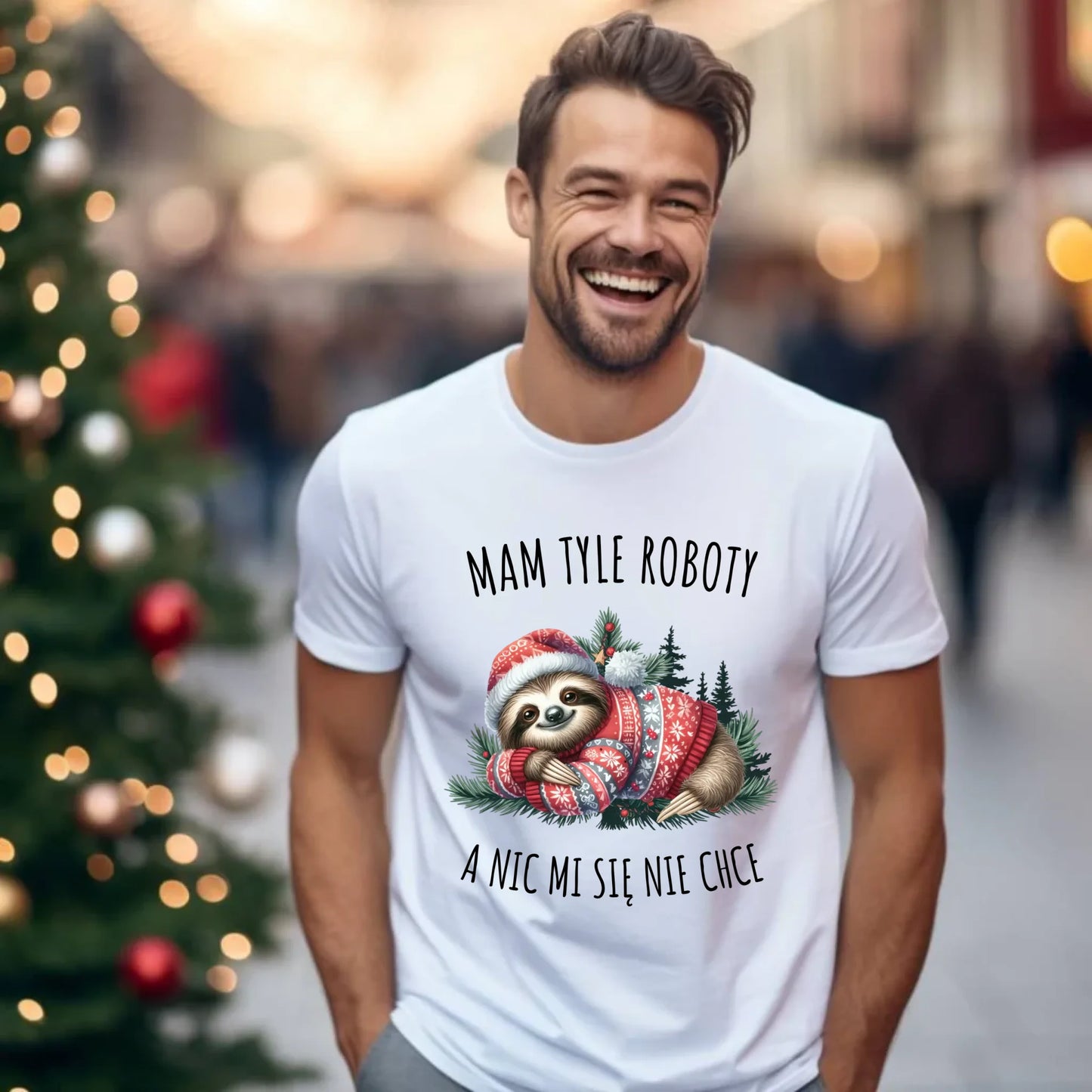 Koszulka męska świąteczna - Leniwiec Mam tyle roboty, a nic mi się nie chce BN18 - StoryCups.pl