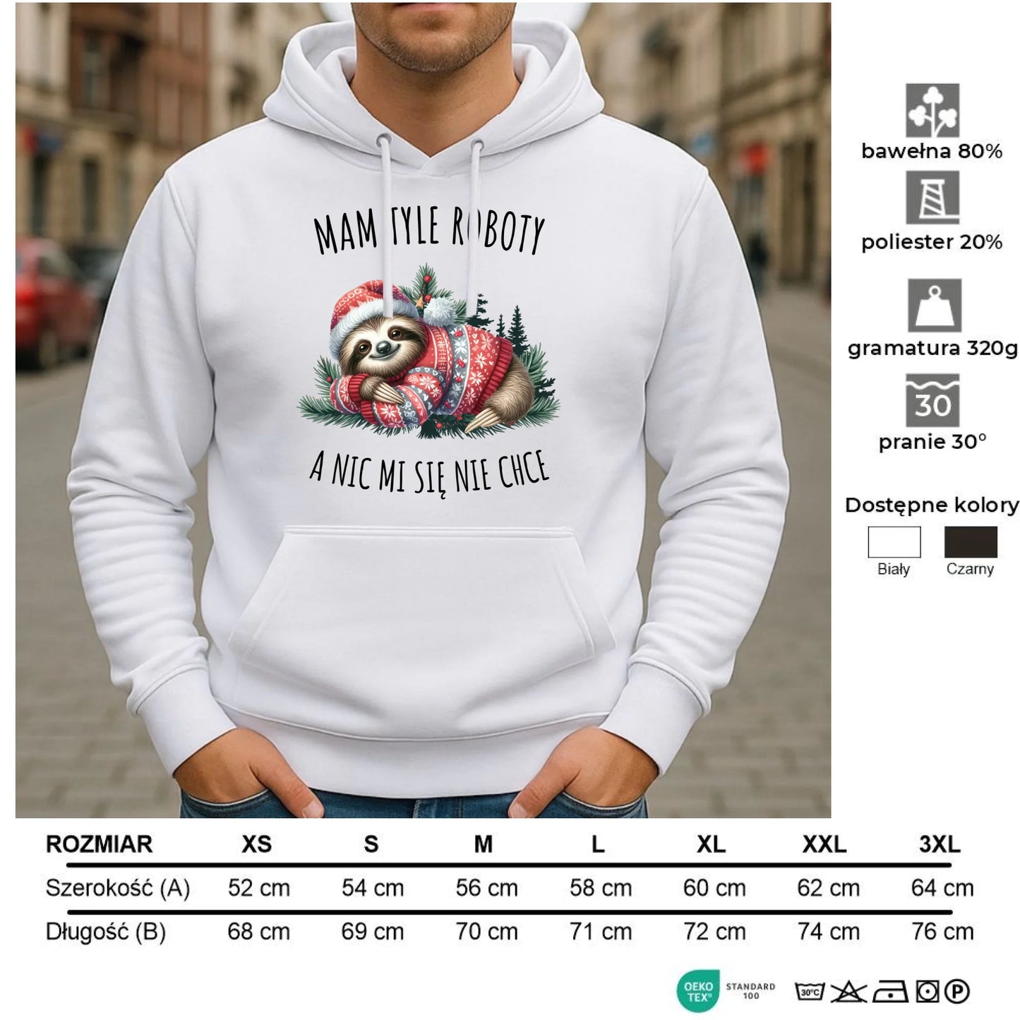 Bluza męska z kapturem świąteczna - Leniwiec Mam tyle roboty, a nic mi się nie chce BN18 - StoryCups.pl