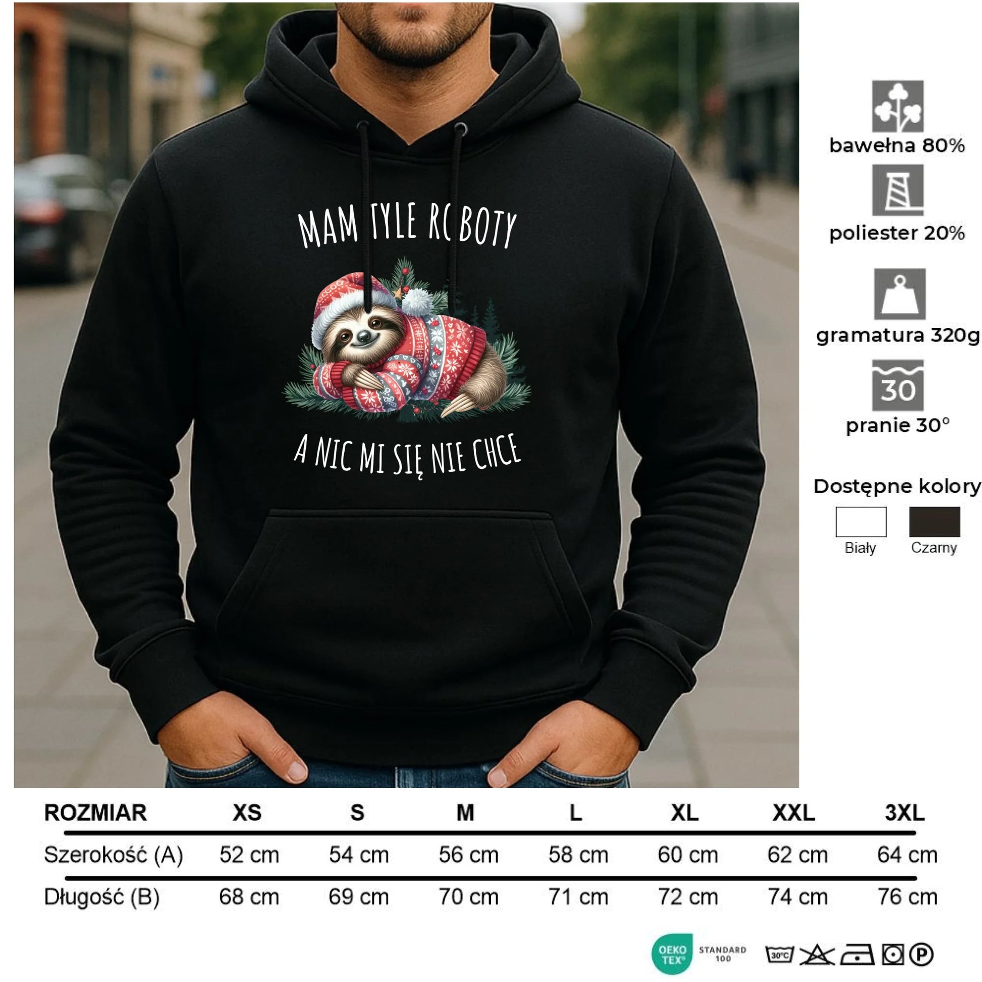 Bluza męska z kapturem świąteczna - Leniwiec Mam tyle roboty, a nic mi się nie chce BN18 - StoryCups.pl