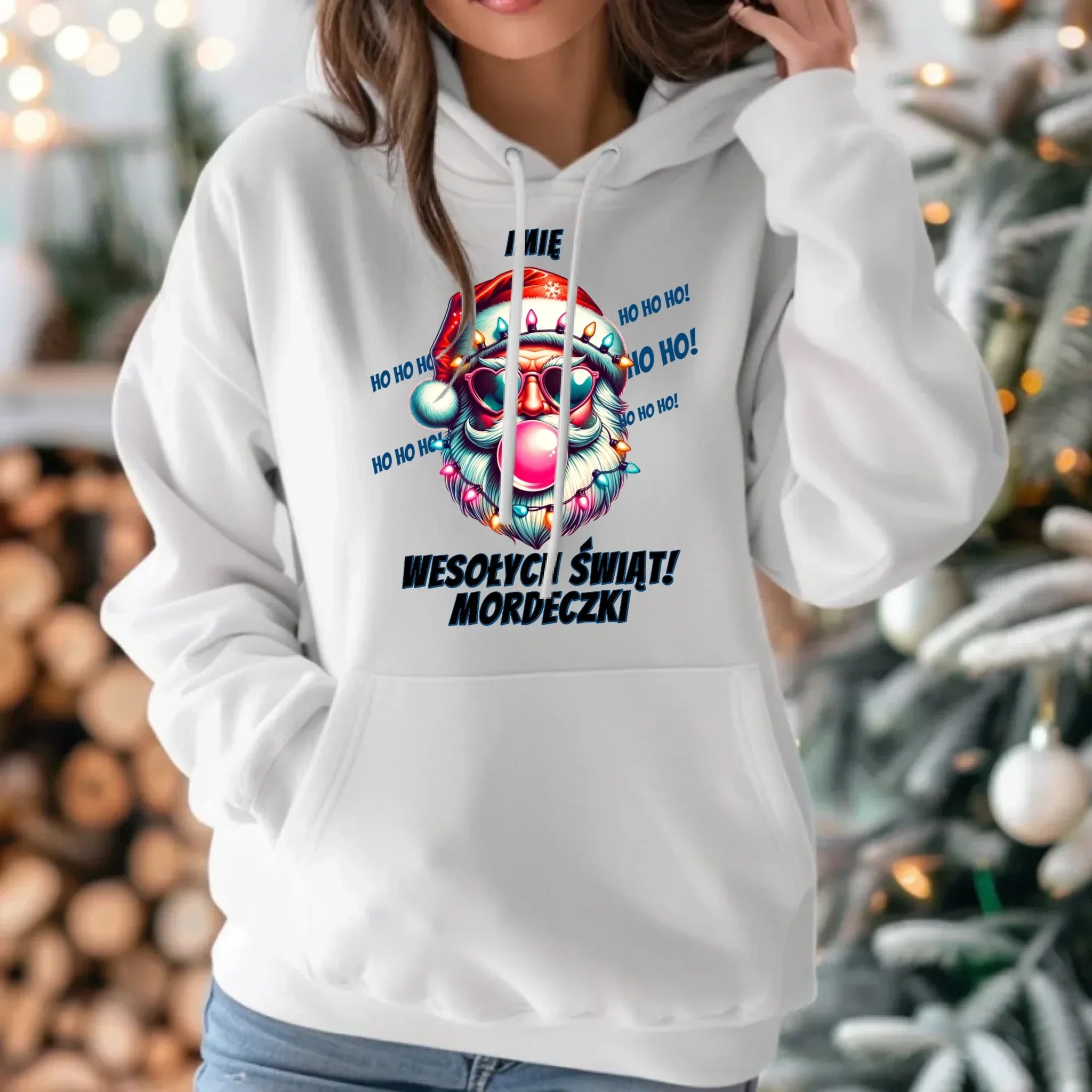 Bluza damska z kapturem świąteczna - Mikołaj Wesołych Świąt Mordeczki - personalizowana BN17 - StoryCups.pl