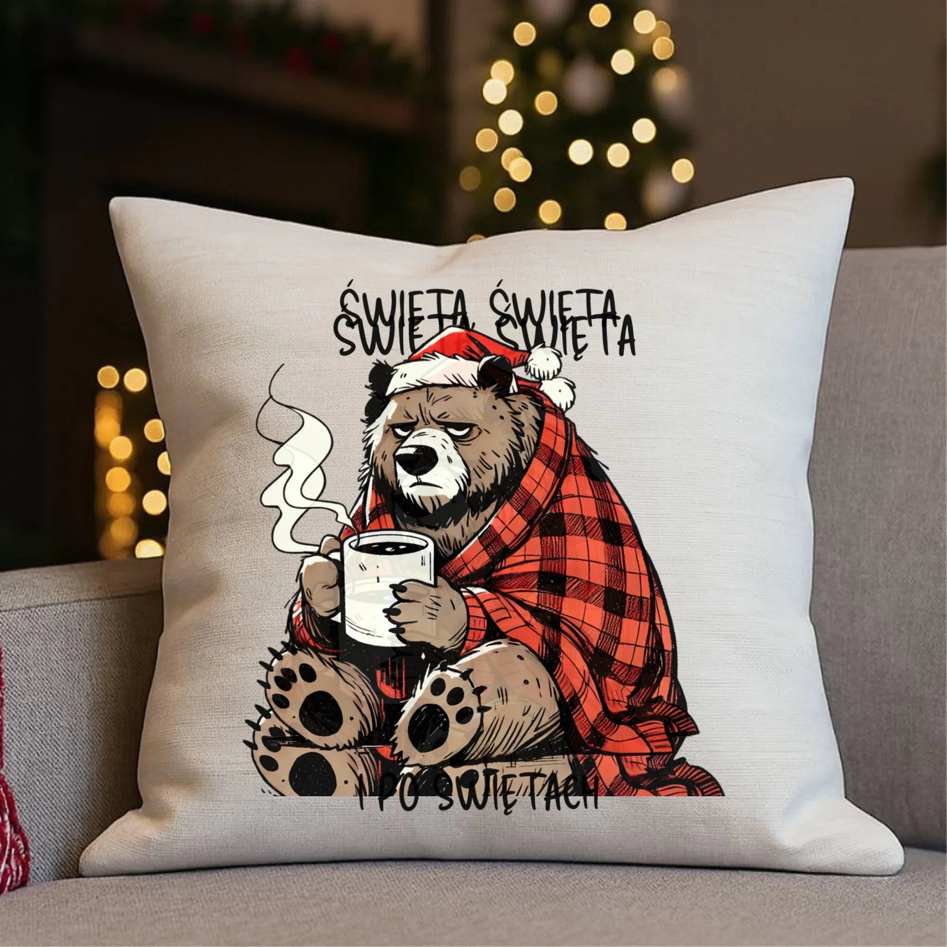 Poduszka świąteczna - Miś Święta, święta i po świętach BN16 - StoryCups.pl