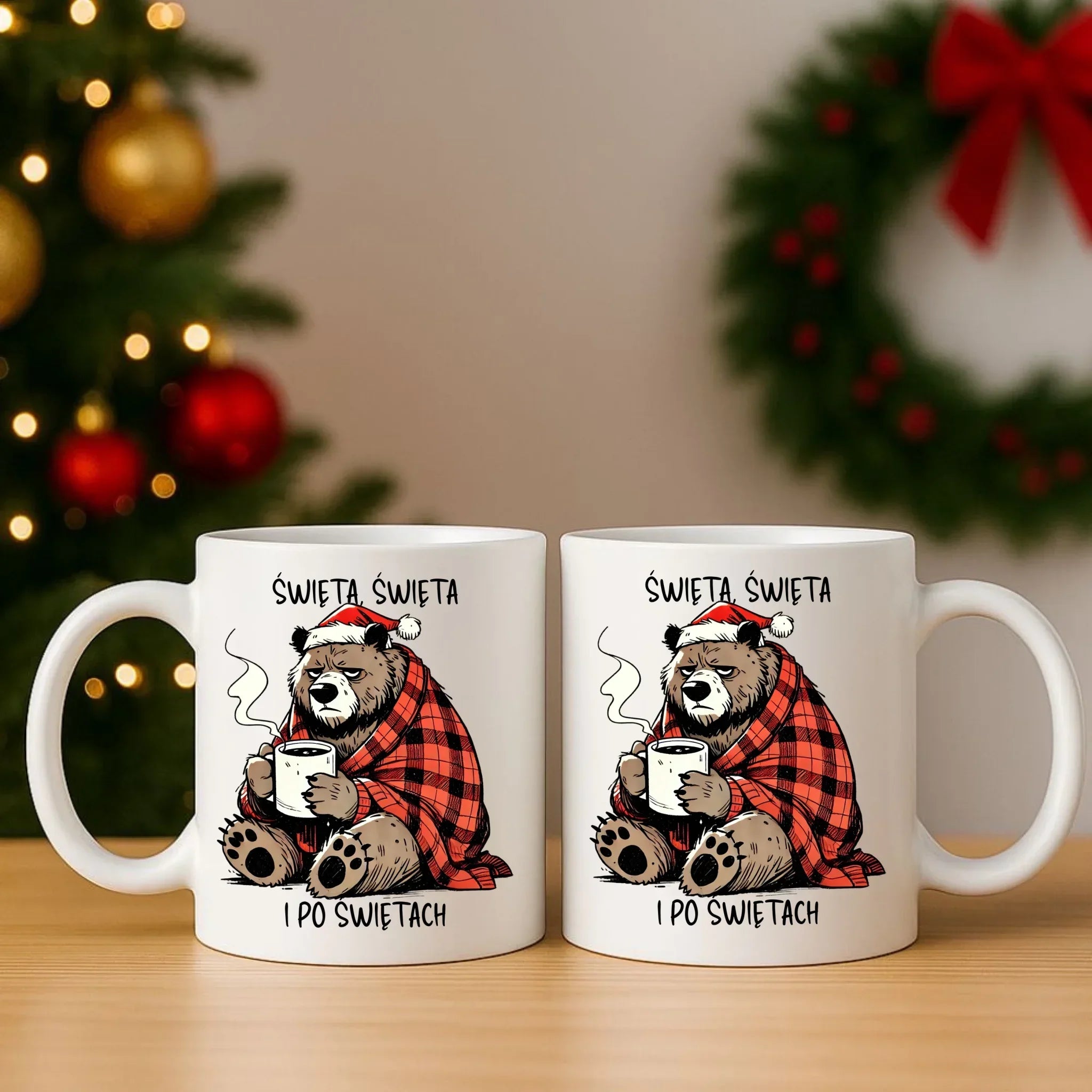Zestaw poduszka i kubek świąteczny - Miś Święta, święta i po świętach BN16 - StoryCups.pl