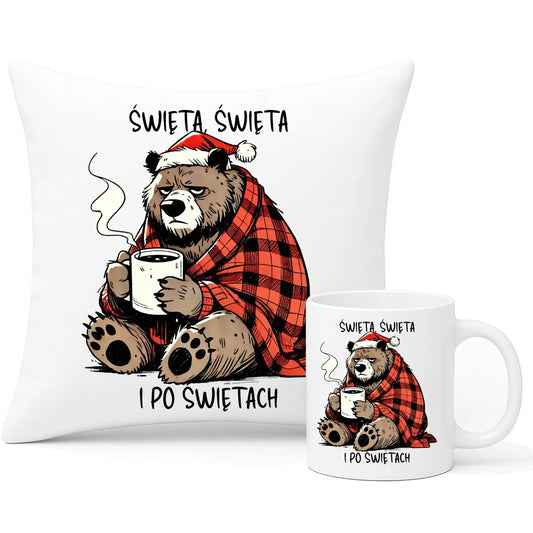 Zestaw poduszka i kubek świąteczny - Miś Święta, święta i po świętach BN16 - StoryCups.pl