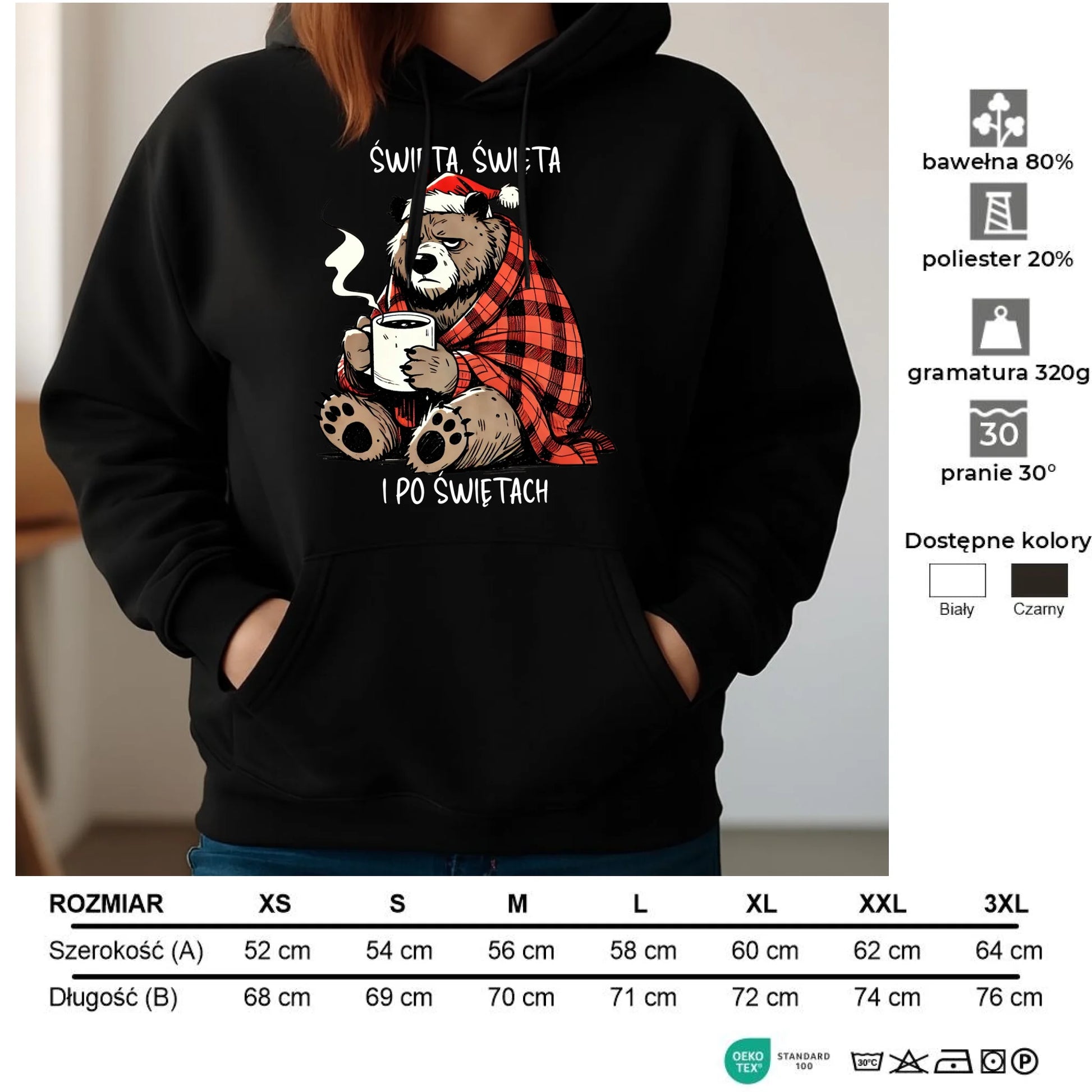 Bluza damska z kapturem świąteczna - Miś Święta, święta i po świętach BN16 - StoryCups.pl