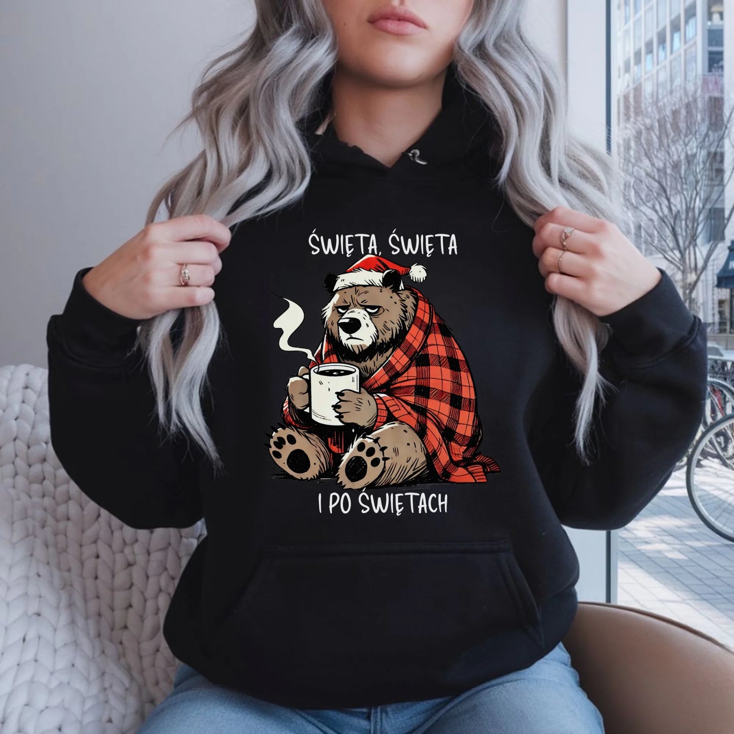 Bluza damska z kapturem świąteczna - Miś Święta, święta i po świętach BN16 - StoryCups.pl