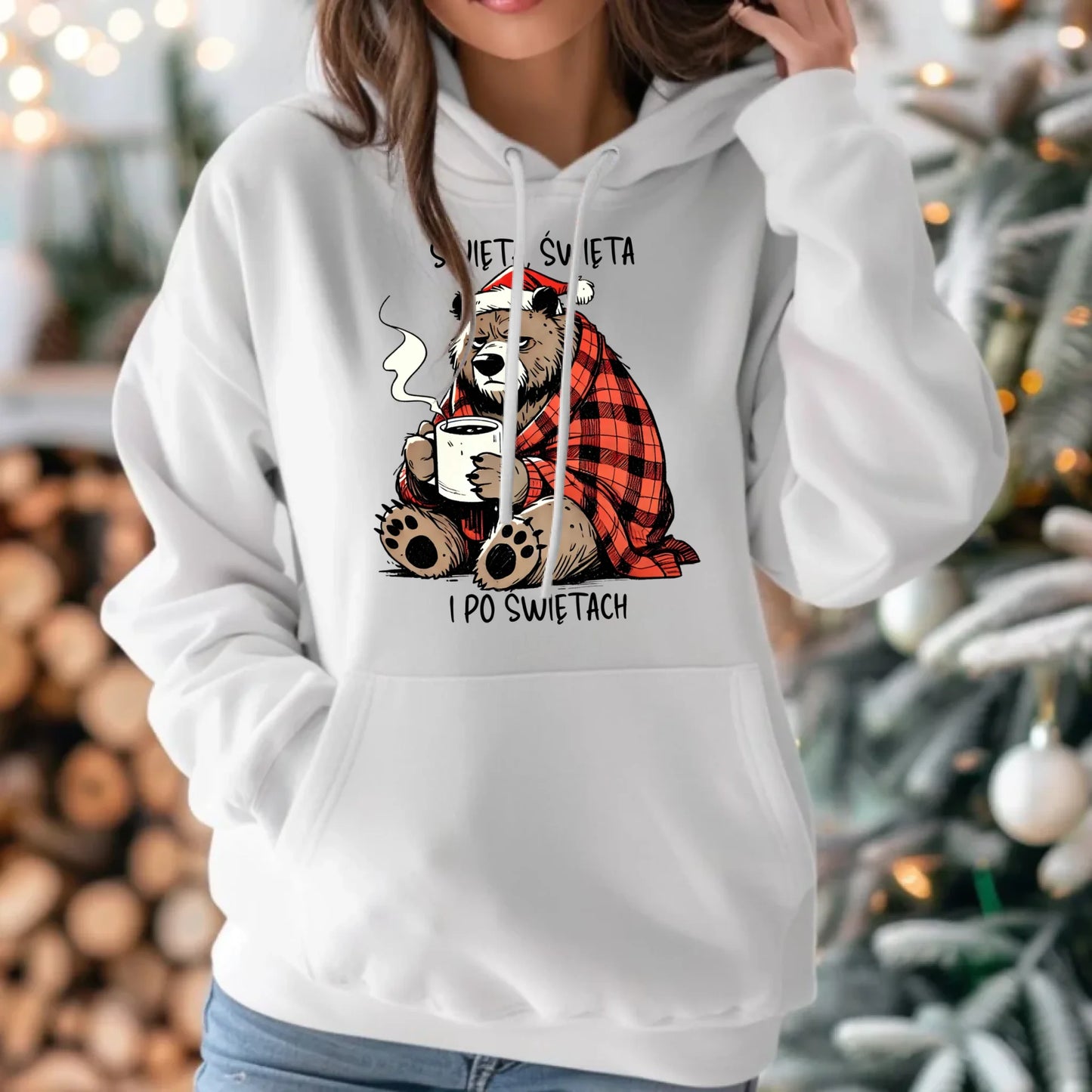 Bluza damska z kapturem świąteczna - Miś Święta, święta i po świętach BN16 - StoryCups.pl