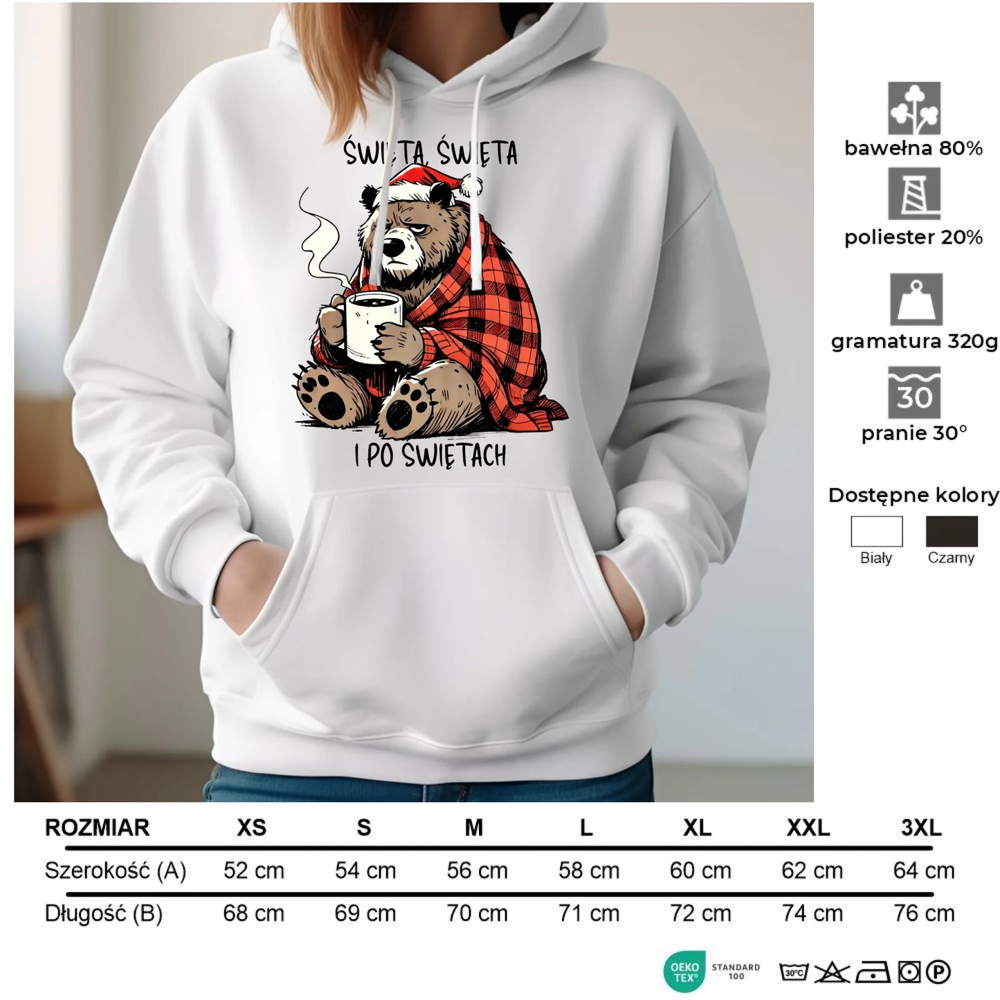 Bluza damska z kapturem świąteczna - Miś Święta, święta i po świętach BN16 - StoryCups.pl