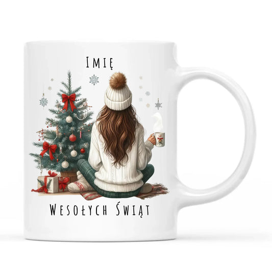 Kubek świąteczny - Dziewczyna przy choince - personalizowany BN15 - StoryCups.pl