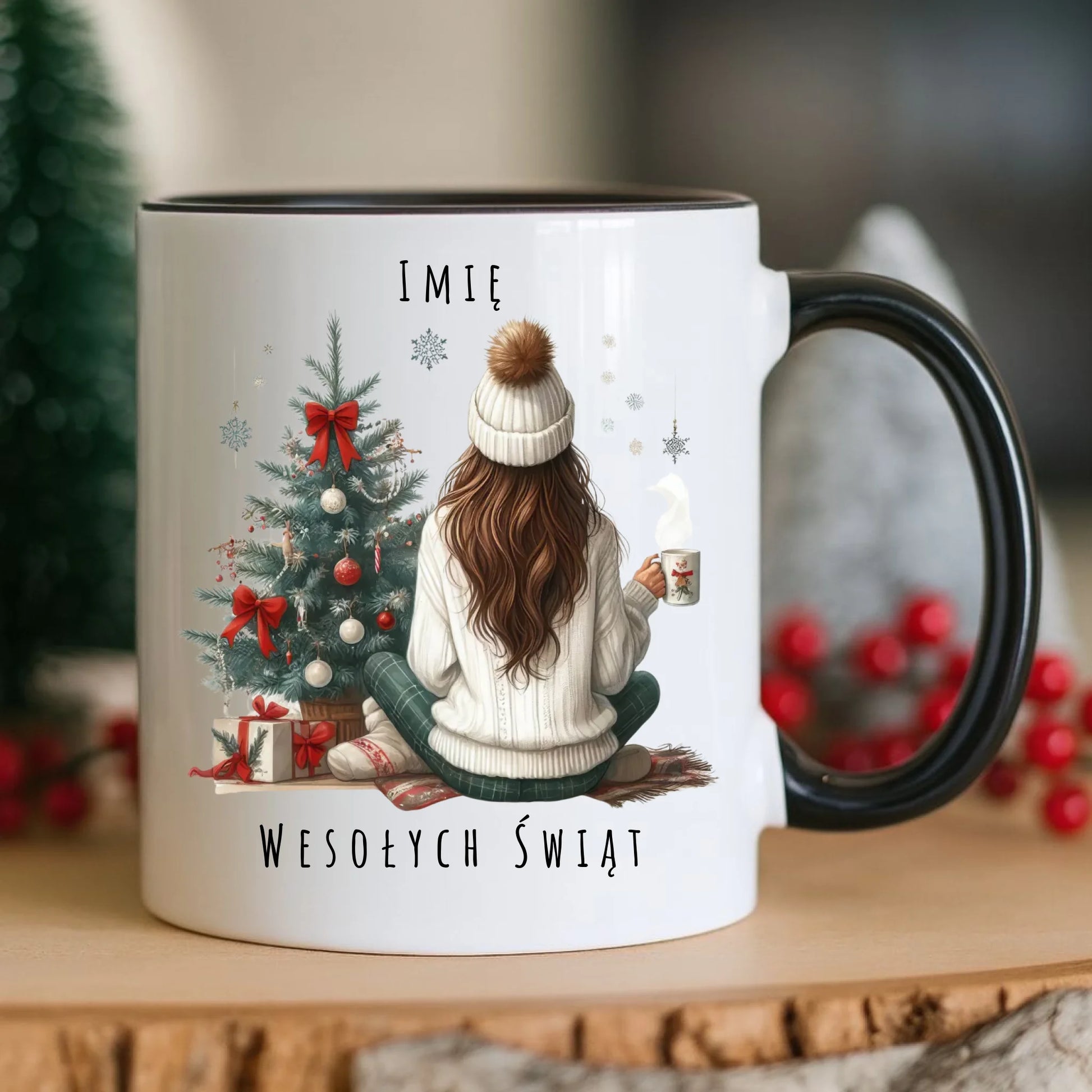 Kubek świąteczny - Dziewczyna przy choince - personalizowany BN15 - StoryCups.pl